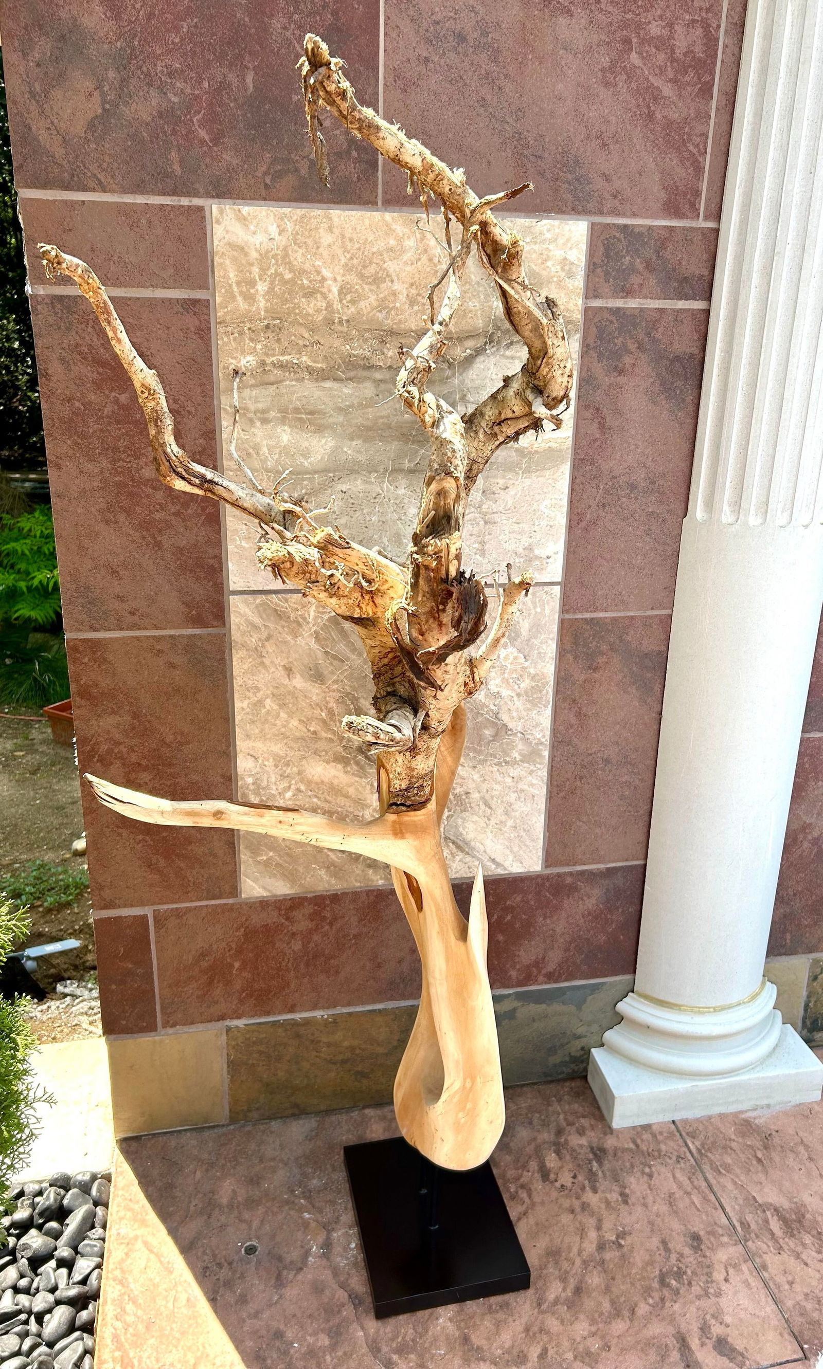 Tall Brutalist/Naturalistic Wood-On-Wood Sculpture, Secured by Metal Rods Onto Black Display Platfor - 4