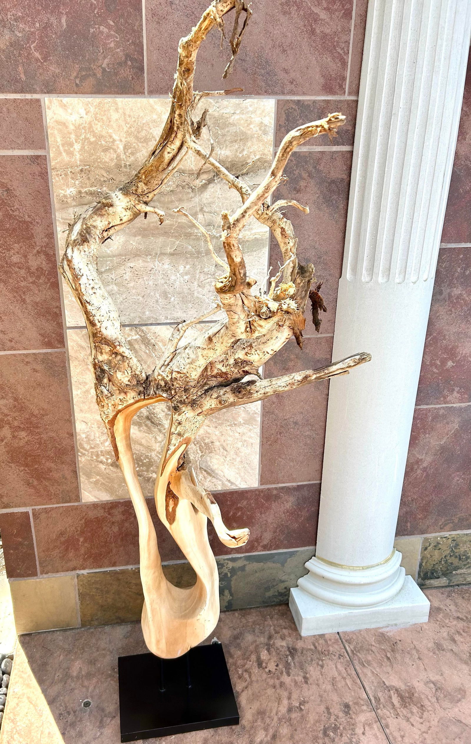 Tall Brutalist/Naturalistic Wood-On-Wood Sculpture, Secured by Metal Rods Onto Black Display Platfor - 5