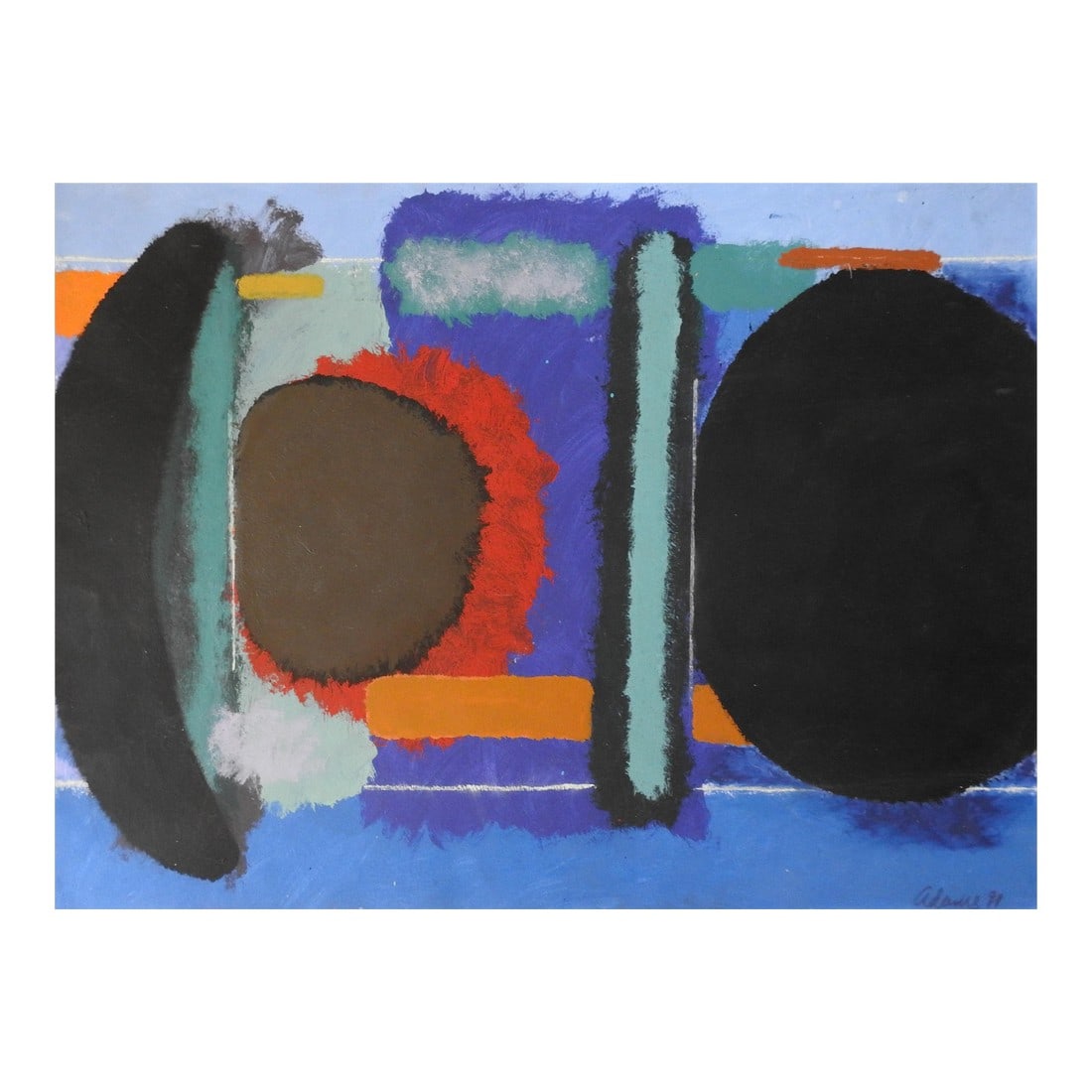 Abstract Expressionist Black & Blue Painting on Paper: Black orbs with blue, orange and red abstract expressionist acrylic painting on heavy paper. Signed Adams 1999 lower right . Unframed. Condition: Alterations: Original Condition Unaltered