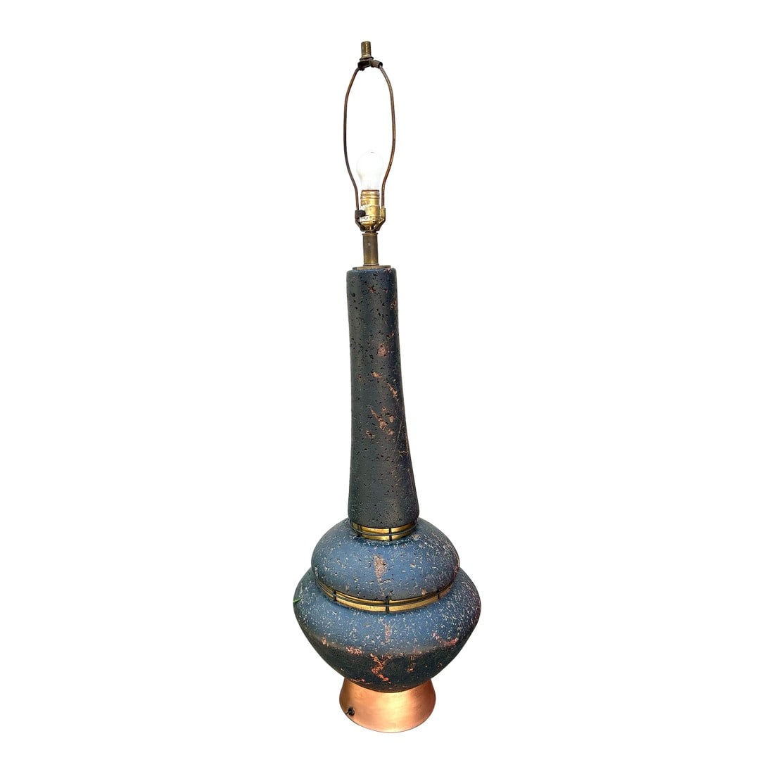 Mid-Century Modern Black Cork Lamp With Brass and Copper-Colored Metals, 1960's: Magnificently huge! 48" from the base to the top of the finial. A 10-12"H x 17-20"D round, lamp shade would look awesome and add for ease-of-access to the on and off switch. Made in the 1960's, this