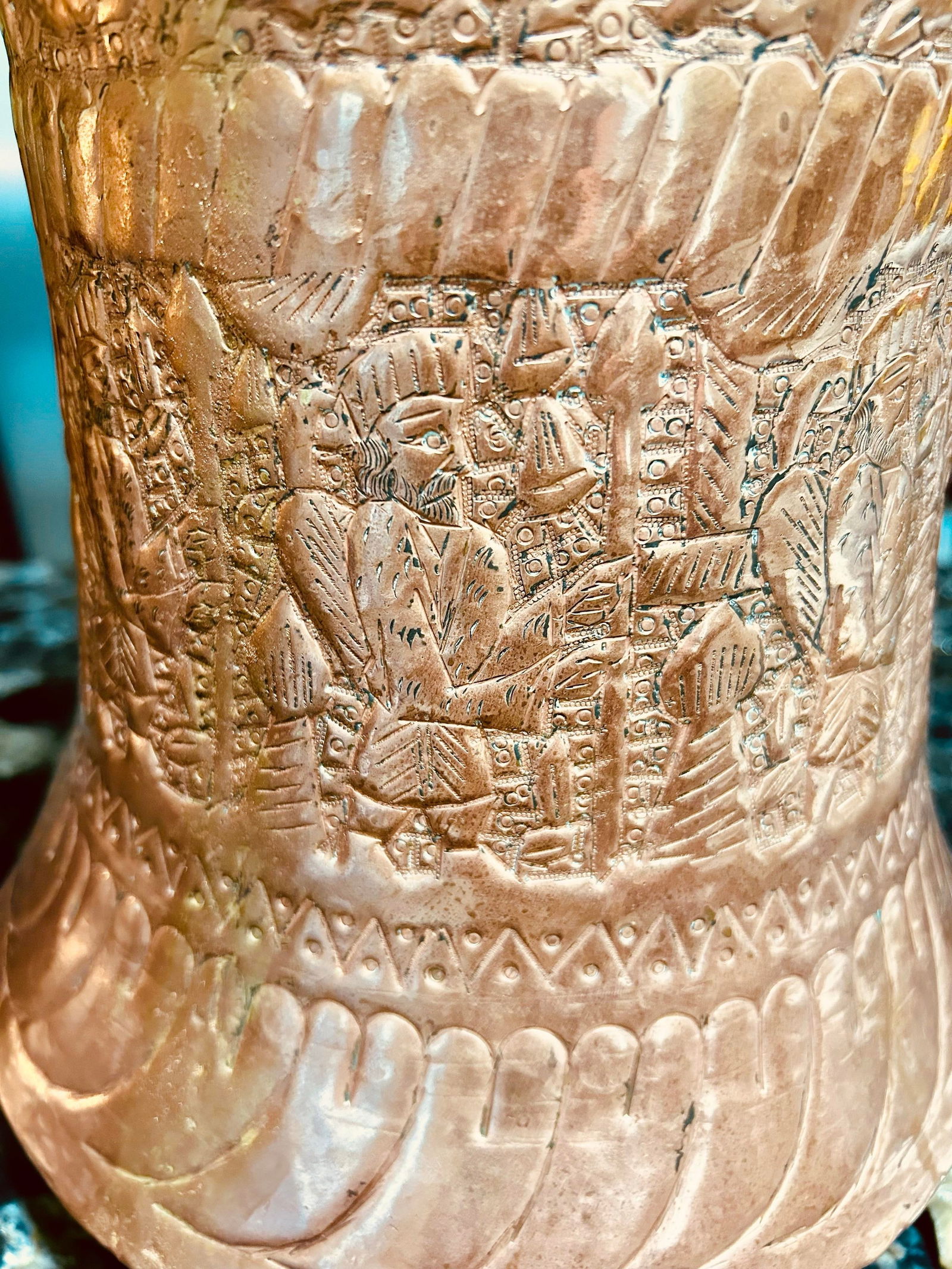 Mid 20th Century Large Copper and Bronze Etched Middle Eastern/ Persian Jardiniere or Vase With Feet - 10