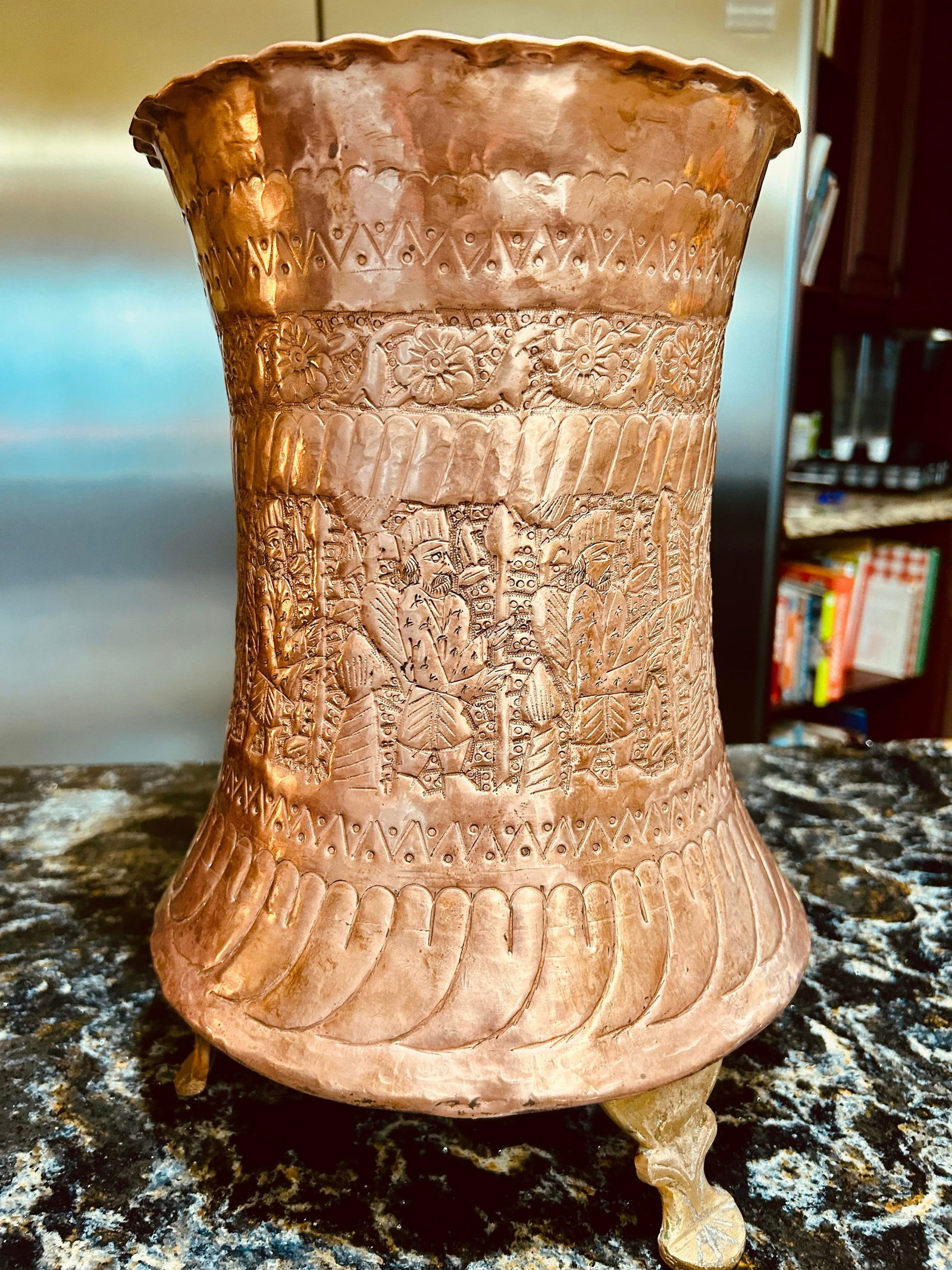 Mid 20th Century Large Copper and Bronze Etched Middle Eastern/ Persian Jardiniere or Vase With Feet - 3