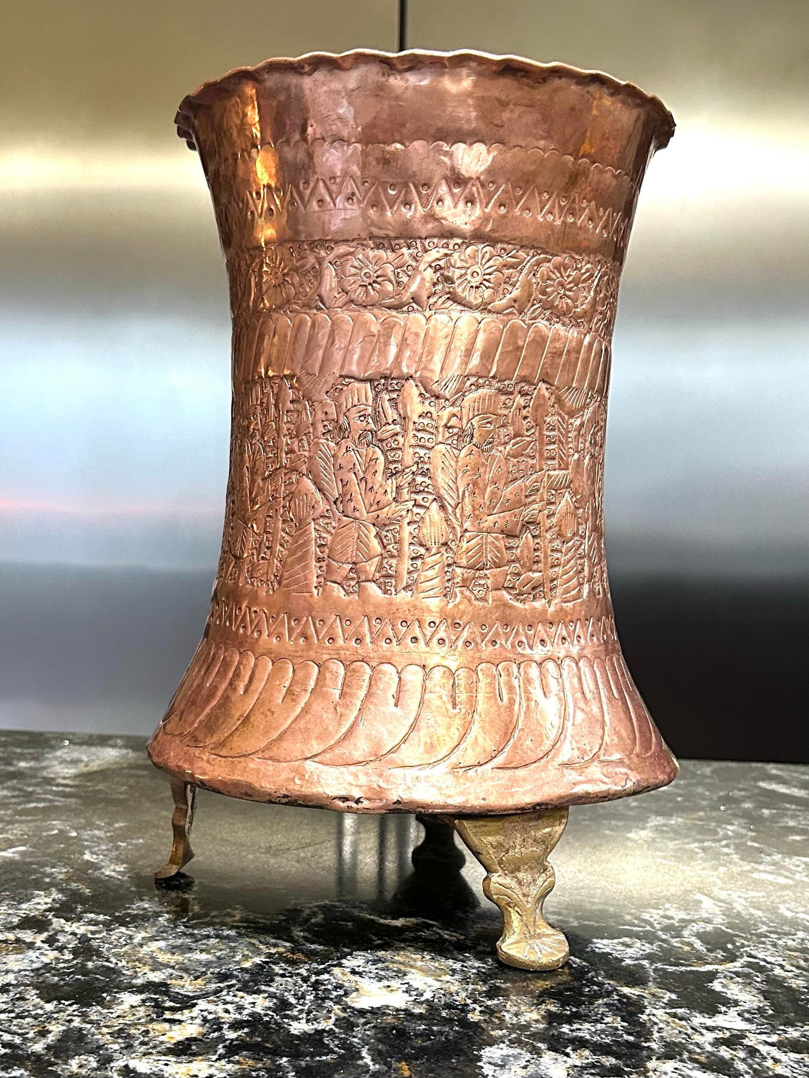 Mid 20th Century Large Copper and Bronze Etched Middle Eastern/ Persian Jardiniere or Vase With Feet - 4