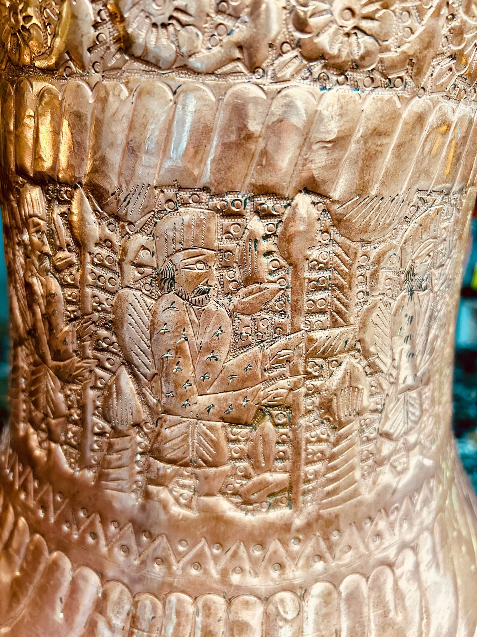 Mid 20th Century Large Copper and Bronze Etched Middle Eastern/ Persian Jardiniere or Vase With Feet - 6