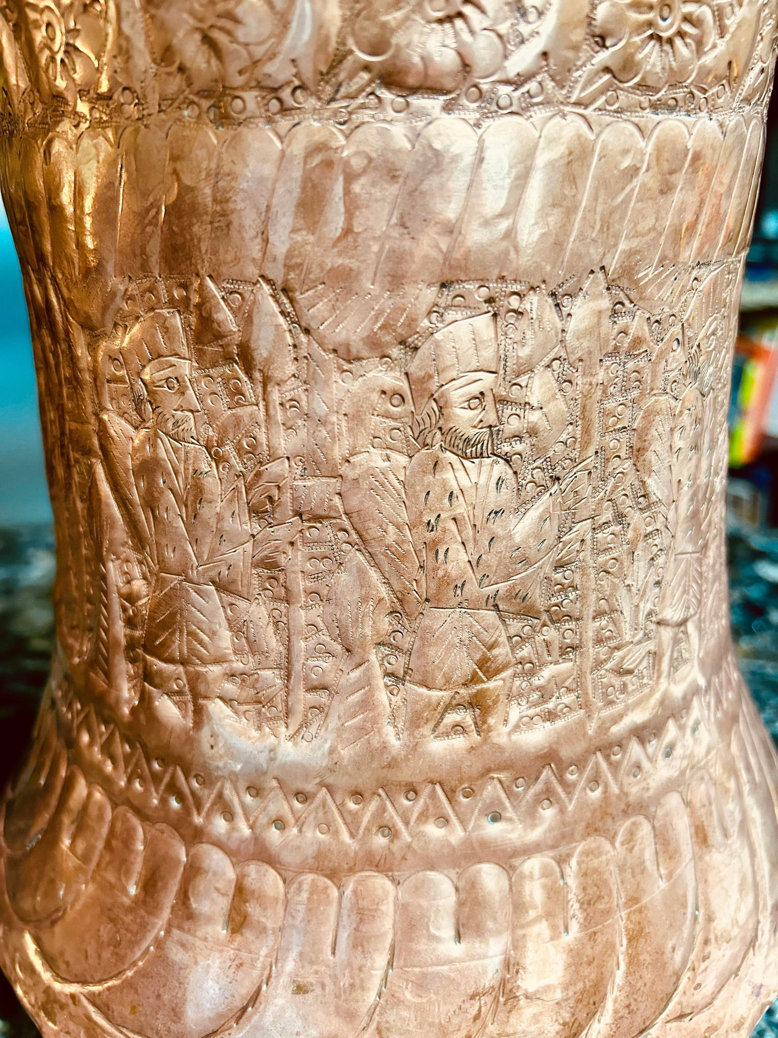 Mid 20th Century Large Copper and Bronze Etched Middle Eastern/ Persian Jardiniere or Vase With Feet - 8