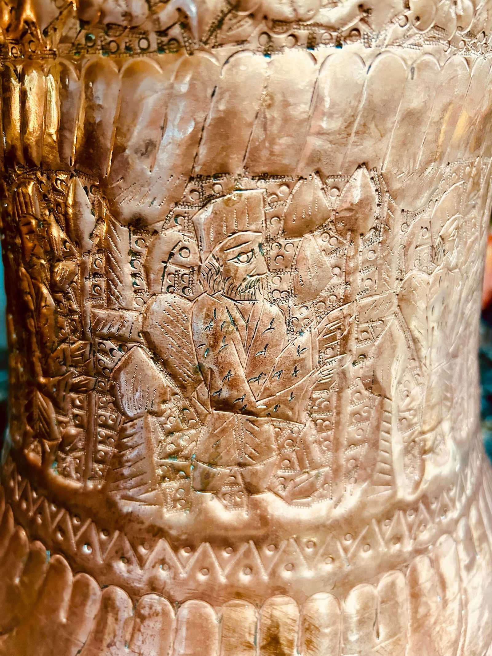 Mid 20th Century Large Copper and Bronze Etched Middle Eastern/ Persian Jardiniere or Vase With Feet - 9
