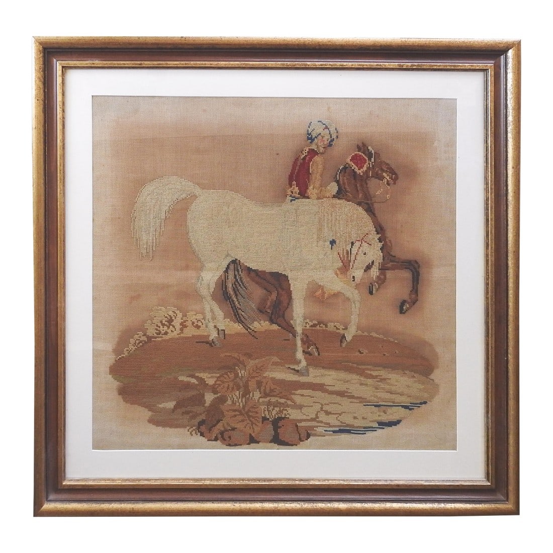 Antique Arabian Horse Needlepoint Tapestry: Large antique late 19th century needlepoint tapestry of Arabian horses and rider. Background of tapestry has not been filled in. From the estate of world renowned breeder of Arabian horses