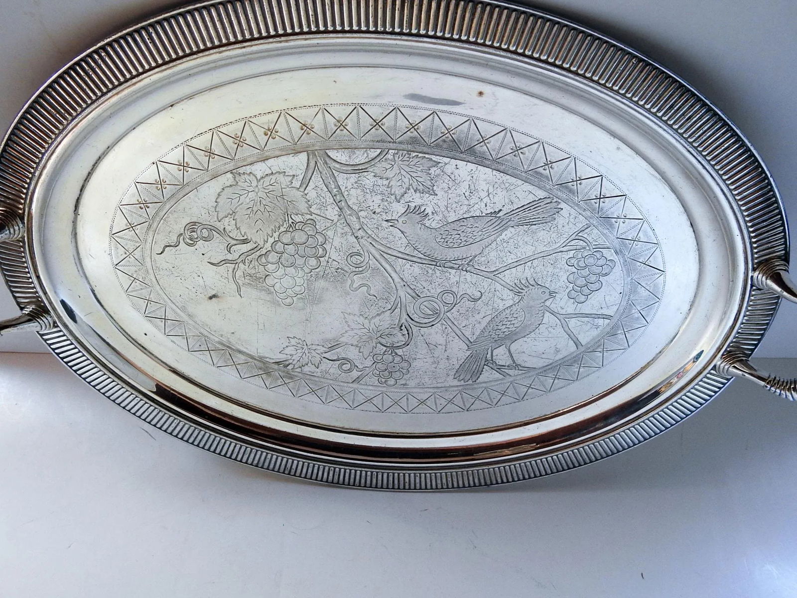 Antique Aesthetic Movement Silverplate Tray With Grapes and Birds - 2