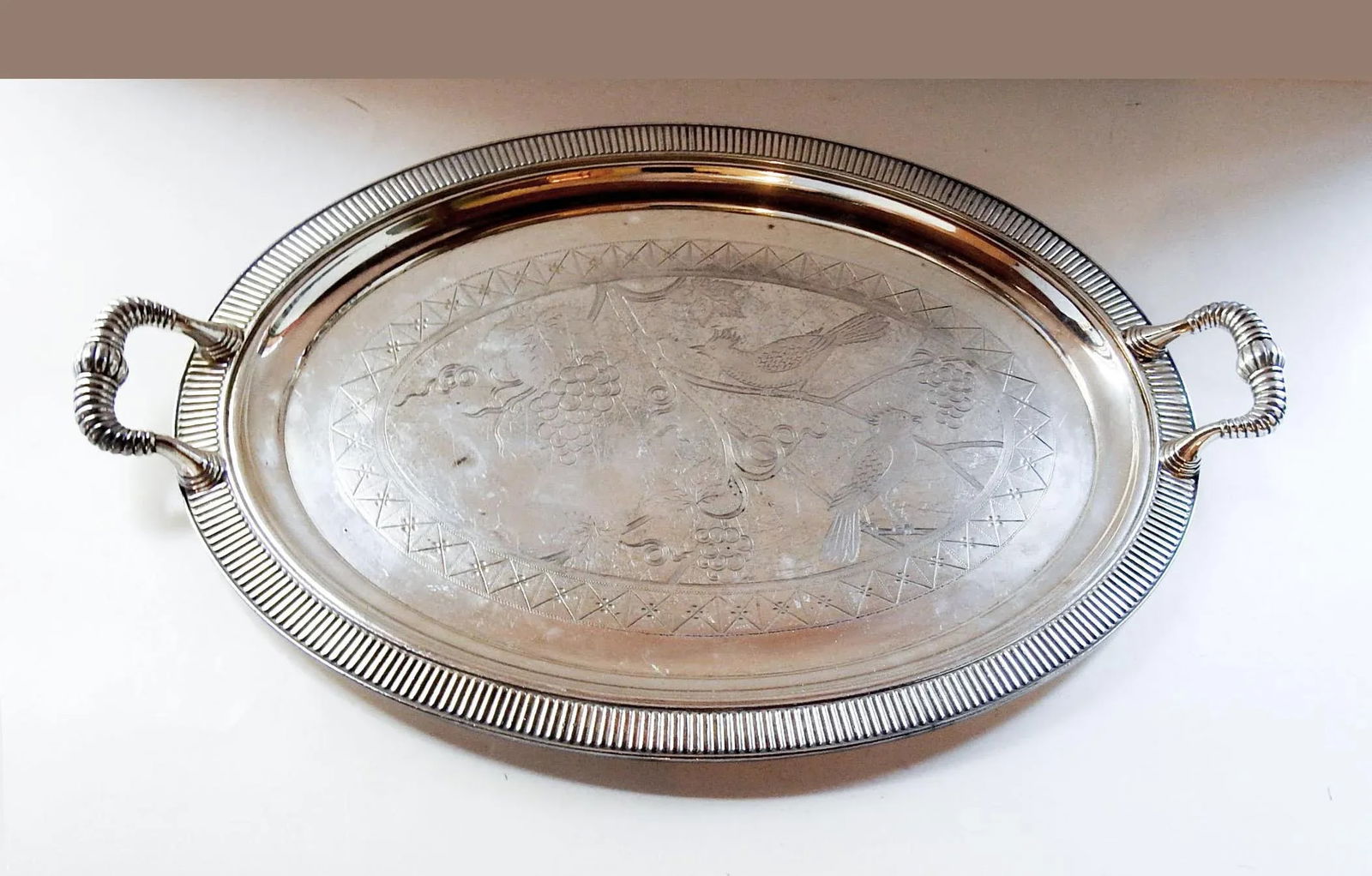 Antique Aesthetic Movement Silverplate Tray With Grapes and Birds - 5