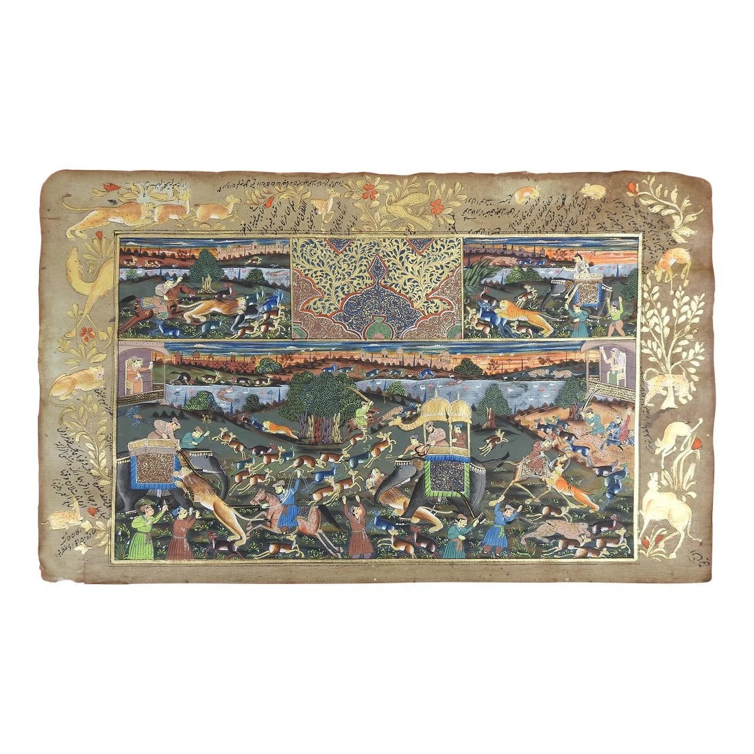 19th Century Mughal Miniature Painting Hunters Horses Lion Tiger Elephant: 19th century gouache on paper Mughal miniature hunting painting on illuminated book page. Lions, tigers, elephant, camel, horses and hunters. Unframed, image size 14" x 8.5", age toning, wear along