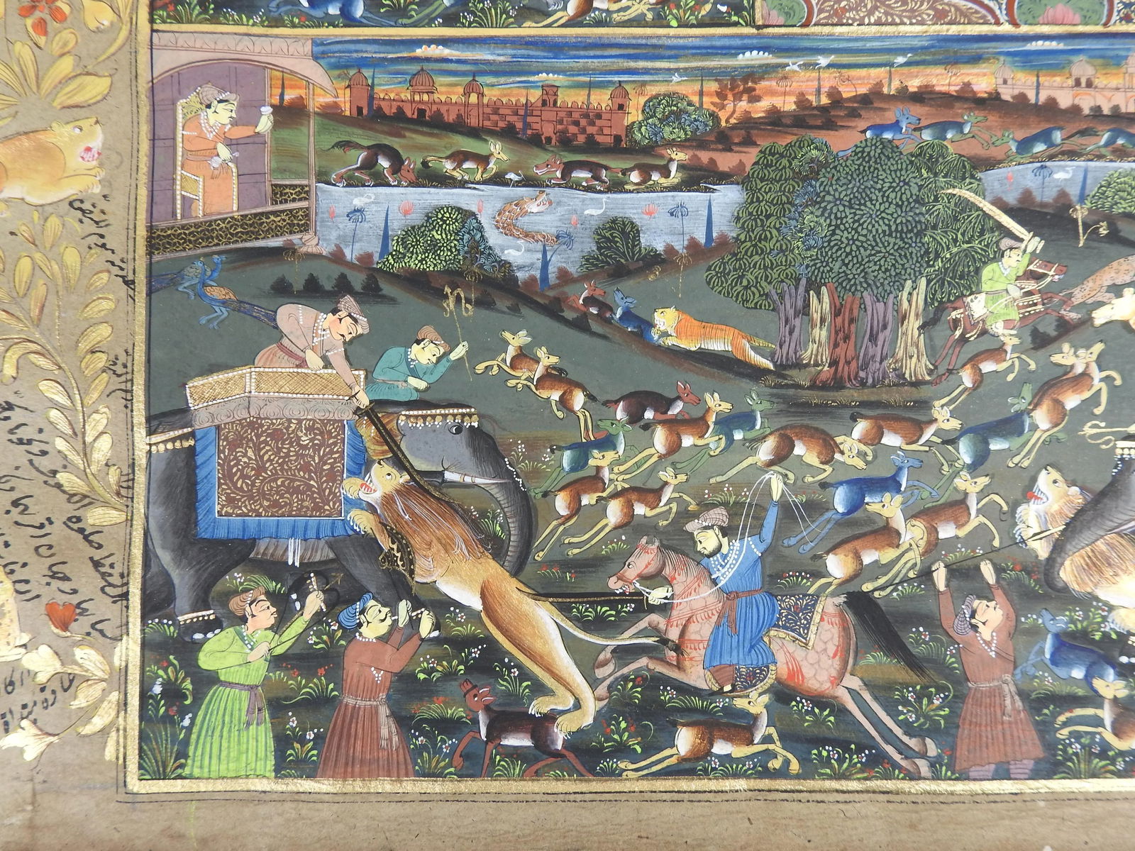19th Century Mughal Miniature Painting Hunters Horses Lion Tiger Elephant - 3