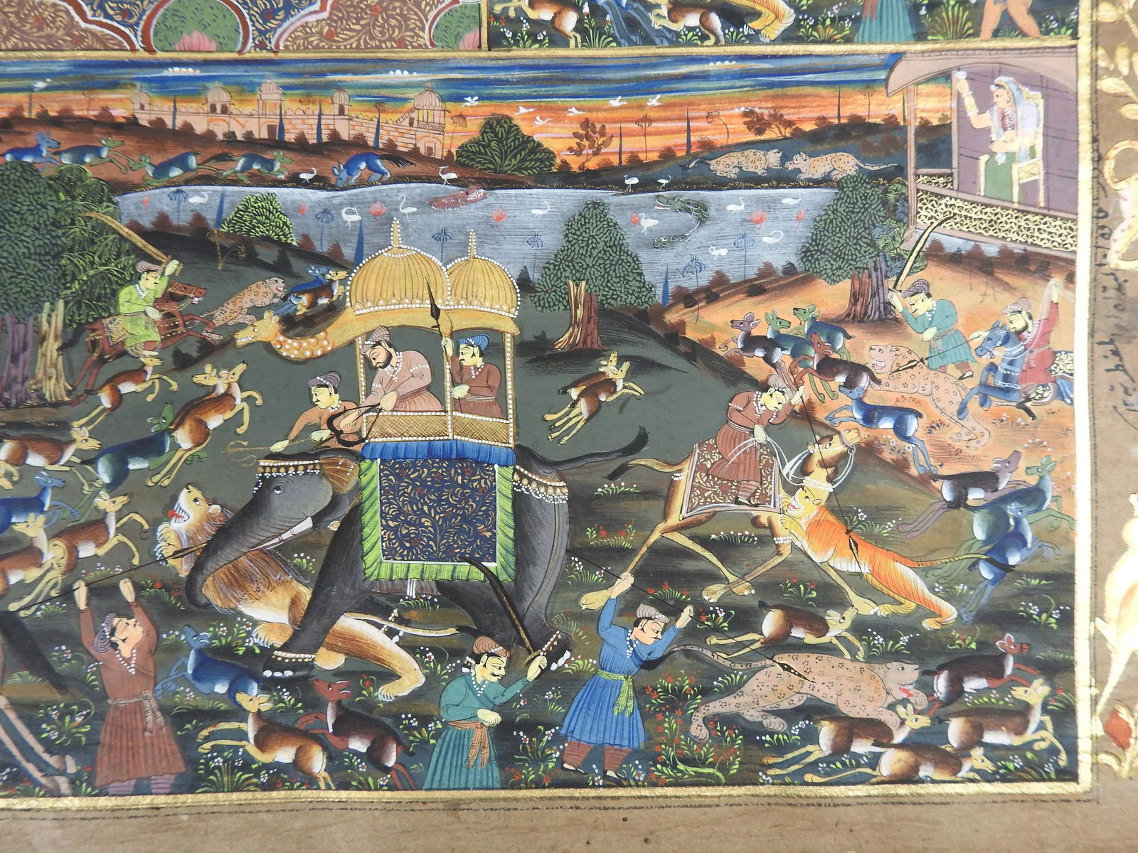 19th Century Mughal Miniature Painting Hunters Horses Lion Tiger Elephant - 4