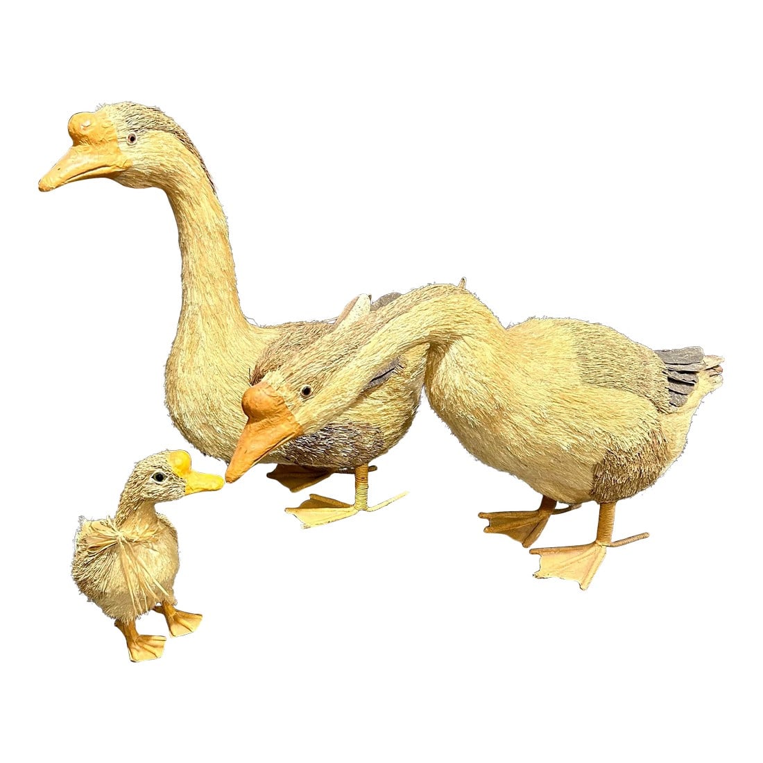 Mid 20th Century Faux Geese Family- Set of 3: These faux, vintage geese are made from foam and paper mache and wood, while the bristles are made out of synthetic and organic fibers/materials"”that really resemble bristly feathers! I truly
