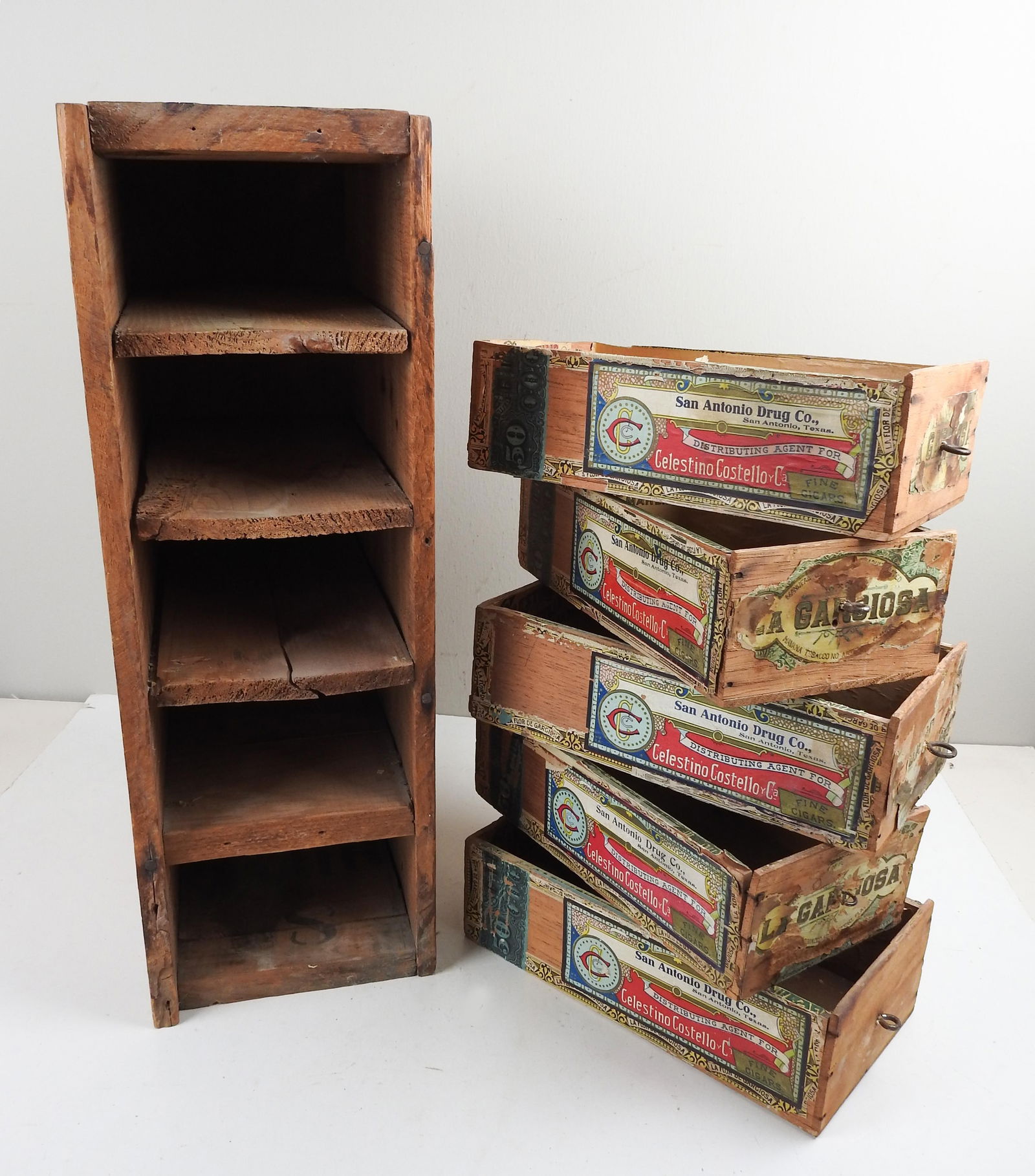 Antique Primative Folk Art Cigar Box Drawers - 4