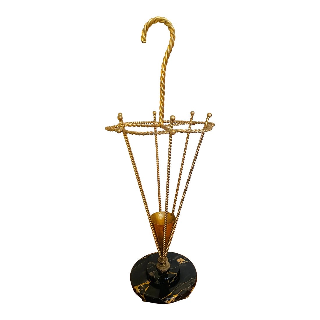 1950s Vintage Italian Rope Metal Gold Gilt Umbrella Form Umbrella Stand: Vintage umbrella or cane stand, Italian made, takes form of an Umbrella, made of iron twisted rope with gold gilt and Portoro marble base on brass feet. Light patina, light wear or loss to handle. Ver