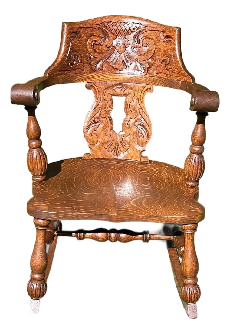 Antique, Oak Rocker, Quarter Sawn, Carved Foliate and Geometric Relief, Legs Are in the Style of Geo (1 of 12)