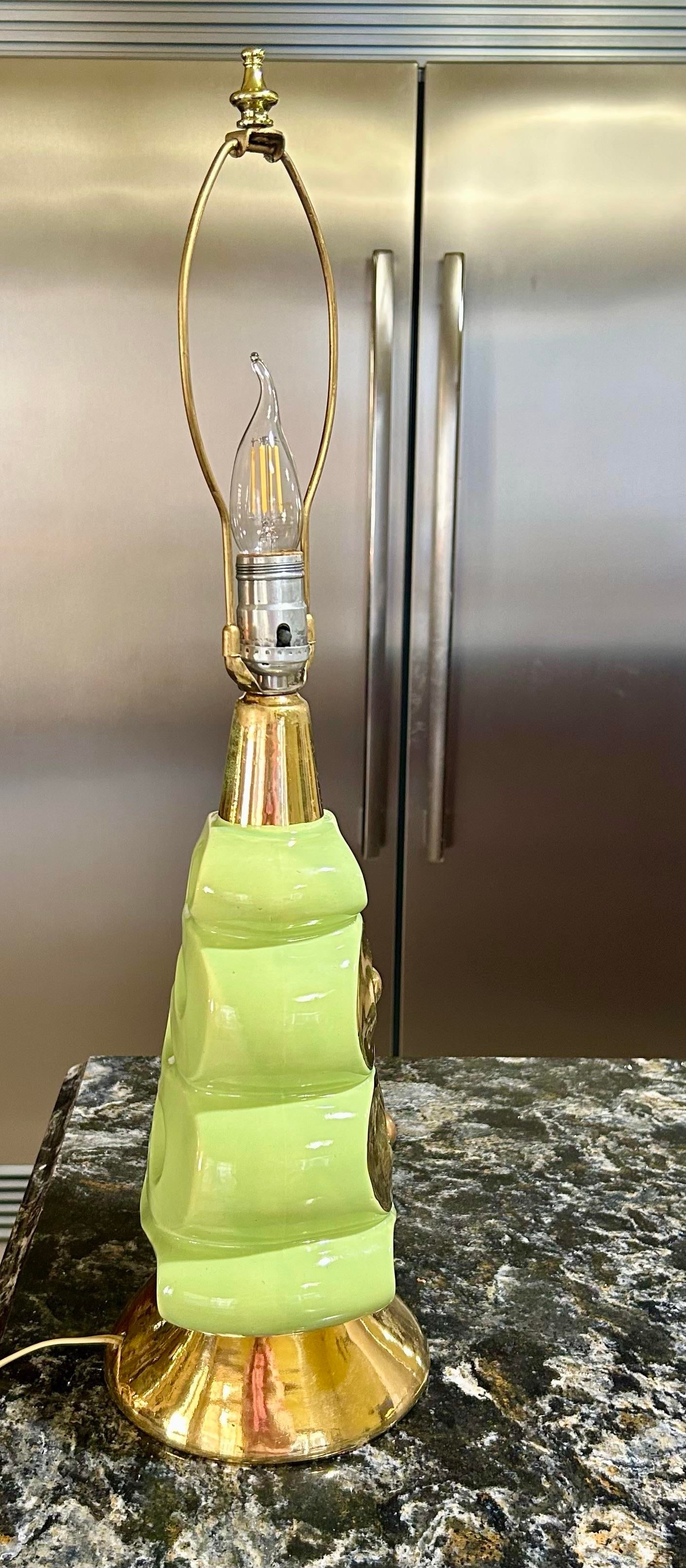 Mid 20th Century Pistachio Green and Gold, Ceramic Table Lamp - 5