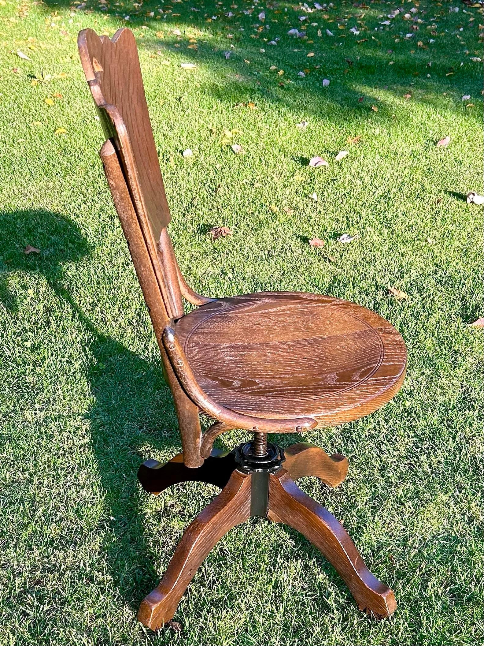 Antique, 1870's Adjustable Height, Quarter Sawn Oak, Swivel Desk Chair, W/Wooden Casters - 2