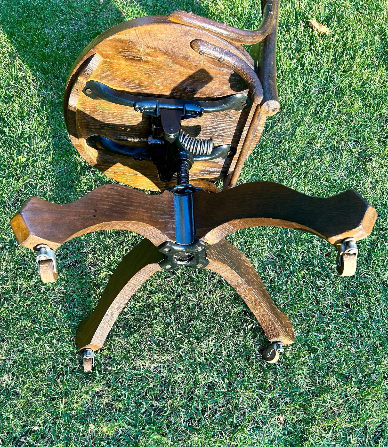 Antique, 1870's Adjustable Height, Quarter Sawn Oak, Swivel Desk Chair, W/Wooden Casters - 6