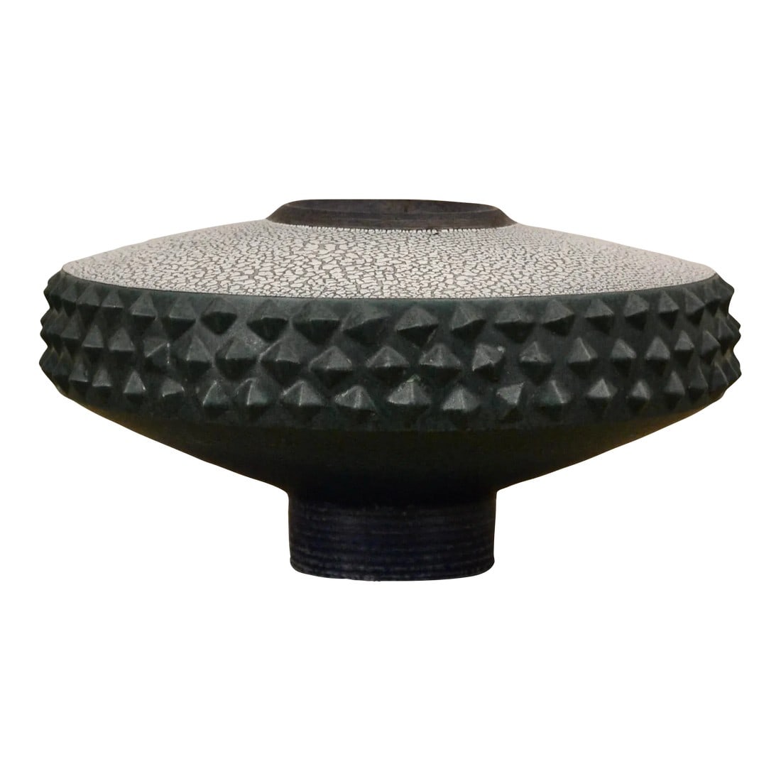 Mid 20th Century Large Modernist Pottery Vessel: Large mid century modernist pottery vase or urn by Masuo Ojima. Beautiful green and blue smooth glaze with brutalist details and a white crackled surface. 16"W x 8.5"H Condition: Alterations: