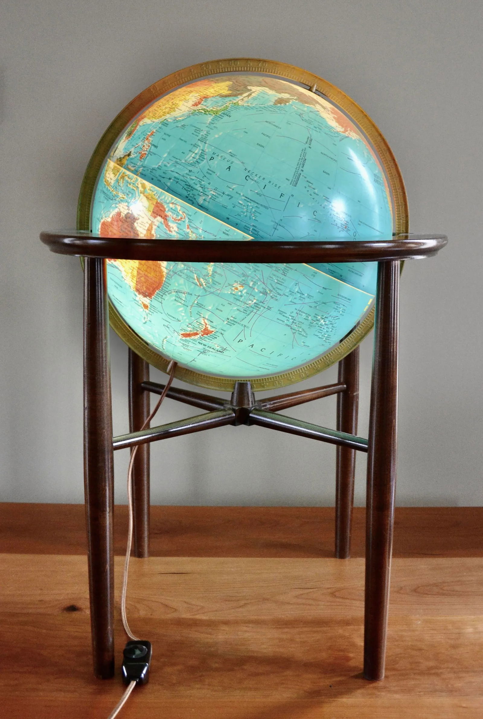 Mid Century Replogle Illuminated Globe on Wood Floor Stand - 2