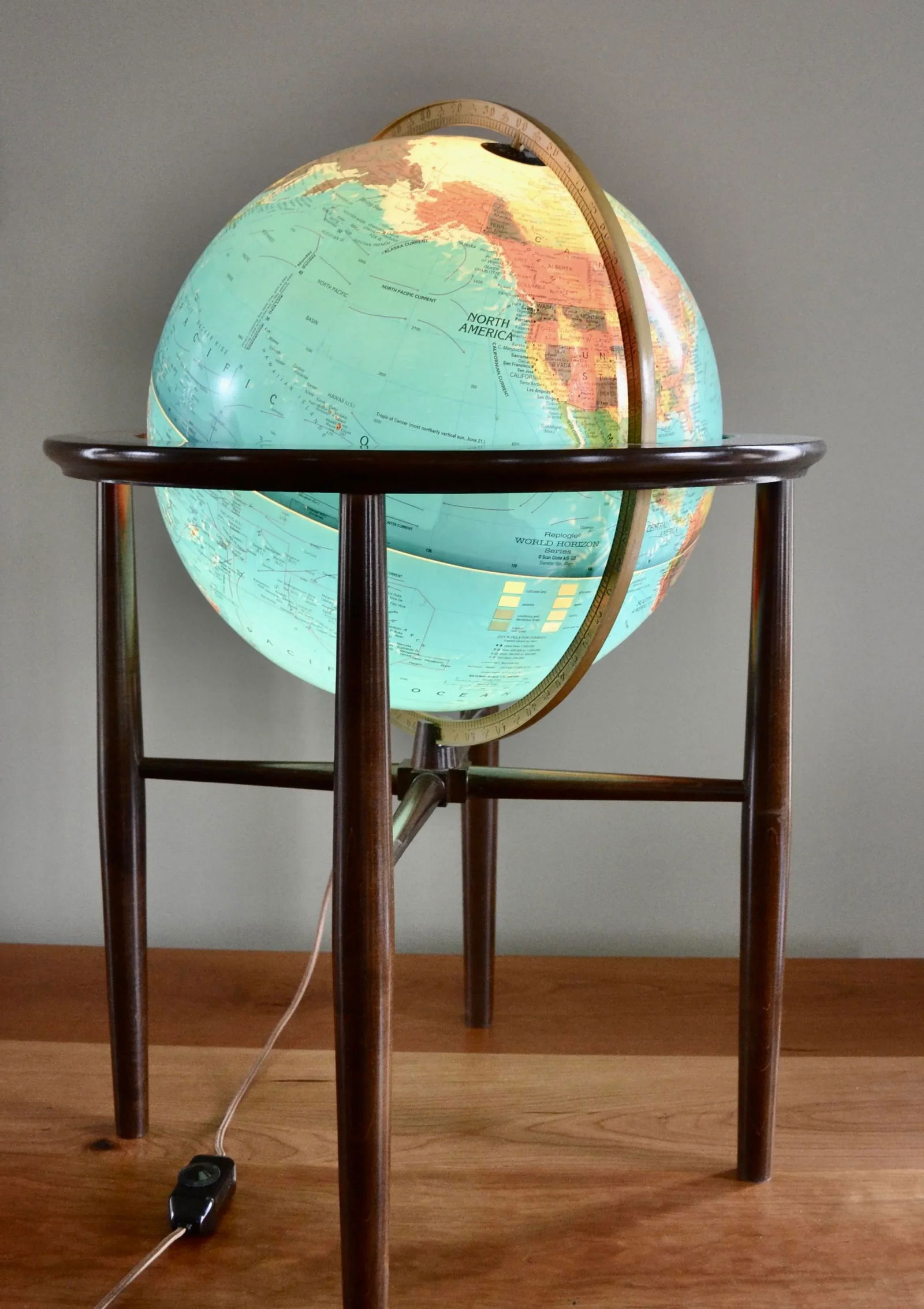 Mid Century Replogle Illuminated Globe on Wood Floor Stand - 4