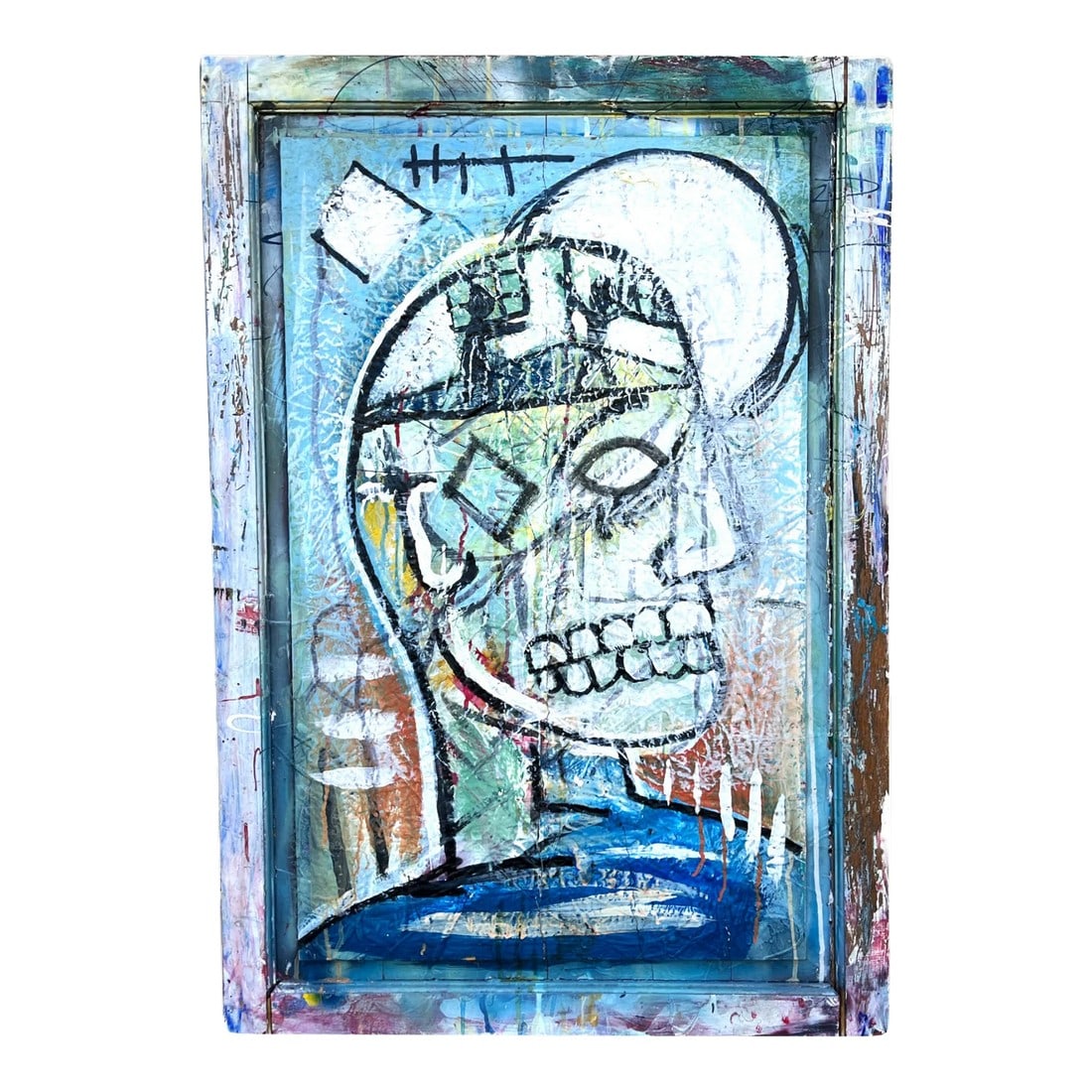 1990s Contemporary Outsider Tramp Art Portrait of a Man Skull in the Style of Jean Michel Basquiat: Large, paint on board portrait of a man with skull features in the self taught style of New York painter, Jean Michel Basquiat. Highly textural, powerful brush strokes and the bold gestures of