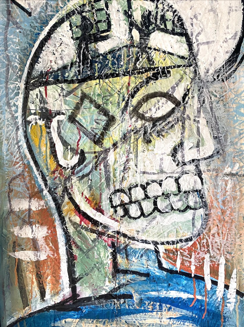 1990s Contemporary Outsider Tramp Art Portrait of a Man Skull in the Style of Jean Michel Basquiat - 3