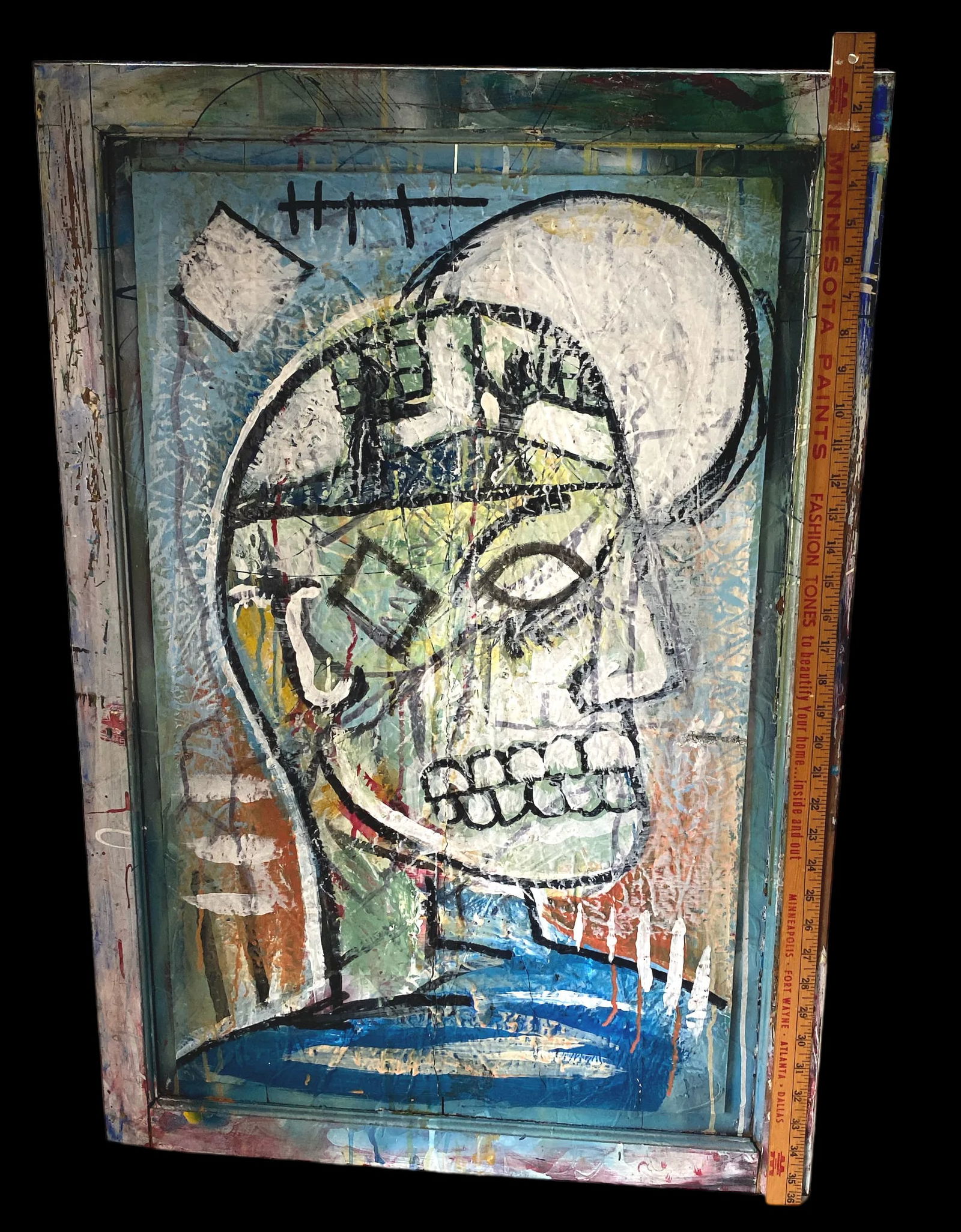 1990s Contemporary Outsider Tramp Art Portrait of a Man Skull in the Style of Jean Michel Basquiat - 8