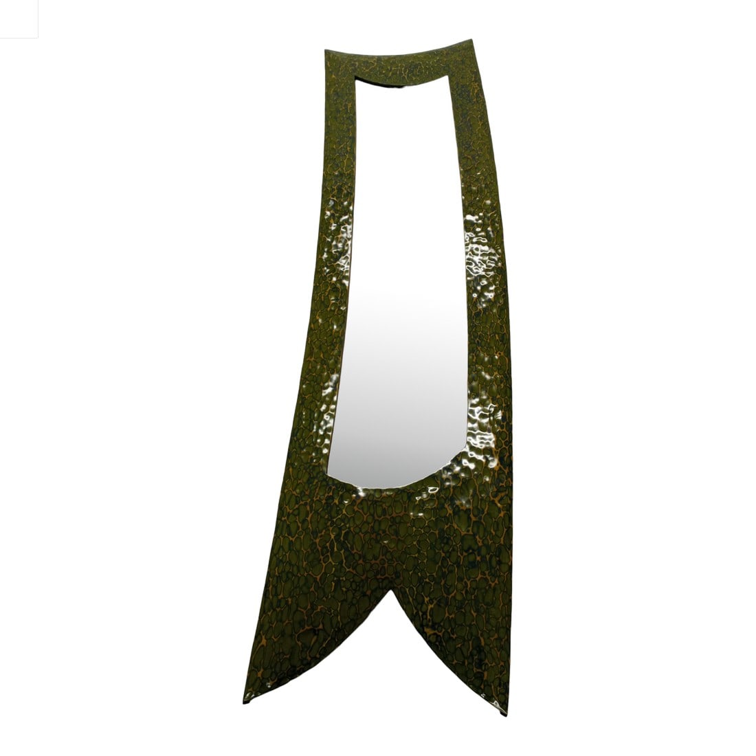 Green Curved Floor Mirror: Green Curved Floor Mirror - this piece is part of a curved series of mirrors that I have made throughout my career. Hand textured and milk painted with a blue base coat and a green topcoat. After