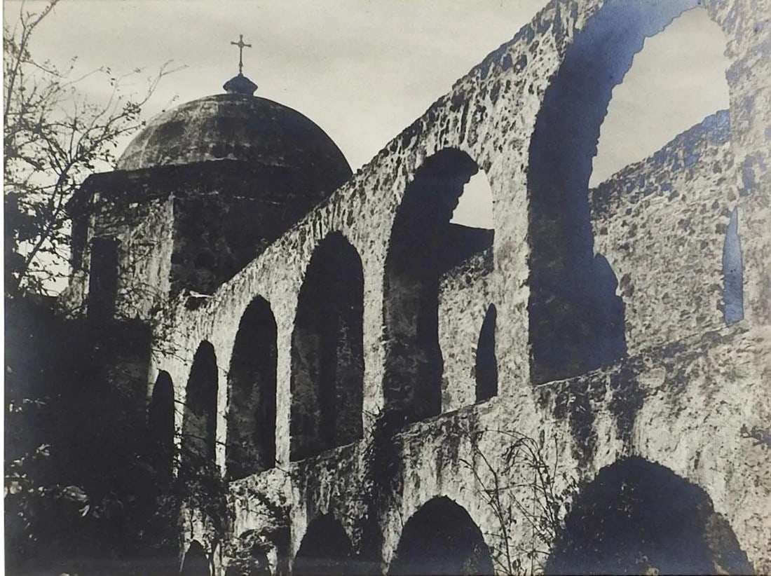 1950's Photograph of San Jose Mission San Antonio: Circa 1950's silver albumen photograph by Lloyd M Pyeatt (Texas Photographer and Geologist) of the San Jose Mission in San Antonio Texas. Camera club exibition sticker on verso. Unframed. Displayed