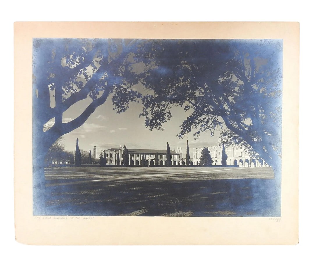 1943 M. B. Stokes Silver Gelatin Photograph: 1943 silver gelatin photograph by Dr. M. B. Stokes (20th Century) Texas of the grounds of a large campus compound. Signed and titled And Long Shadows on the Grass along bottom of backing. Back is
