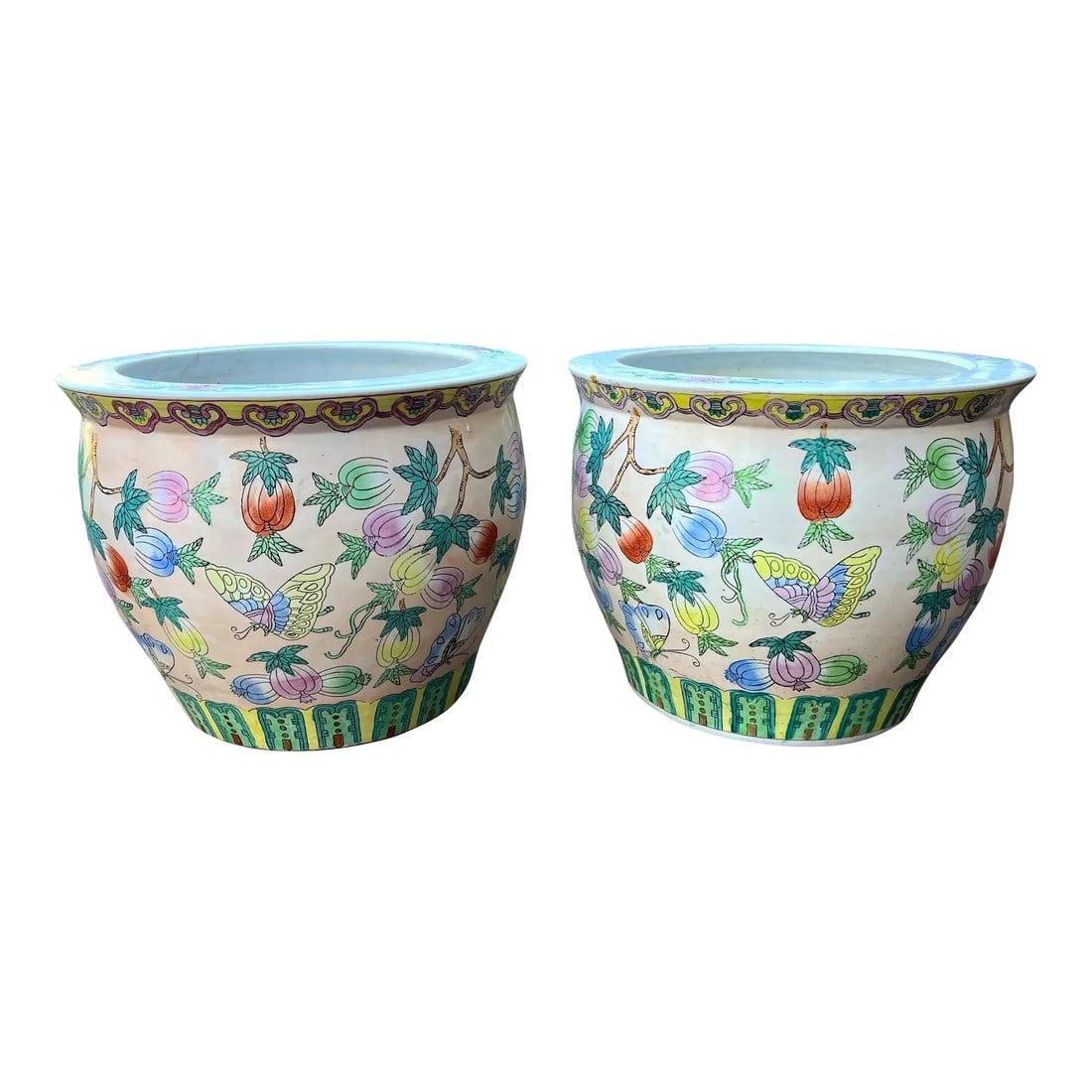 Vintage Vintage Pink, Green and White Chinoiserie Fish Bowl Planters - Set of 2: Large, bright and cheerful pair of Chinoiserie ceramic planters or jardinières in the classic rounded, slightly flared Chinese fish bowl shape. The planter is adorned with vibrant, pomegranate,