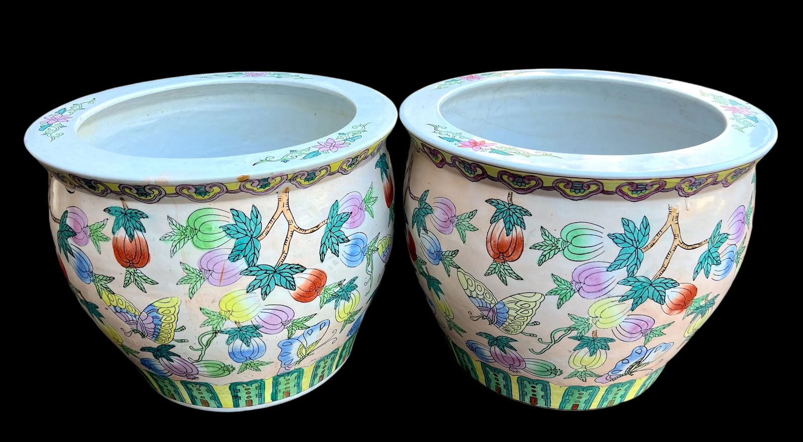 Vintage Vintage Pink, Green and White Chinoiserie Fish Bowl Planters - Set of 2 - 2