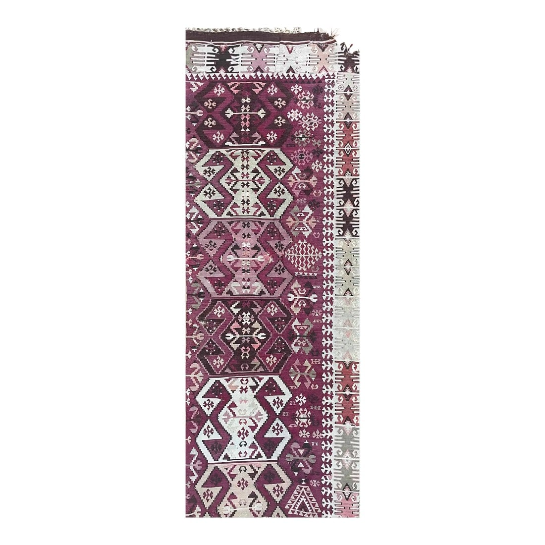 Antique Turkish Kilim, Fragment, as Is, C-1900's 2'6" X 7'2": It has fine wool quality. Antique 2'6" x 7'2" Unusual Turkish Kilim, flat weave, amazing multi colors and very unusual geometric design, A beautiful rug to decorate your home with. Condition: