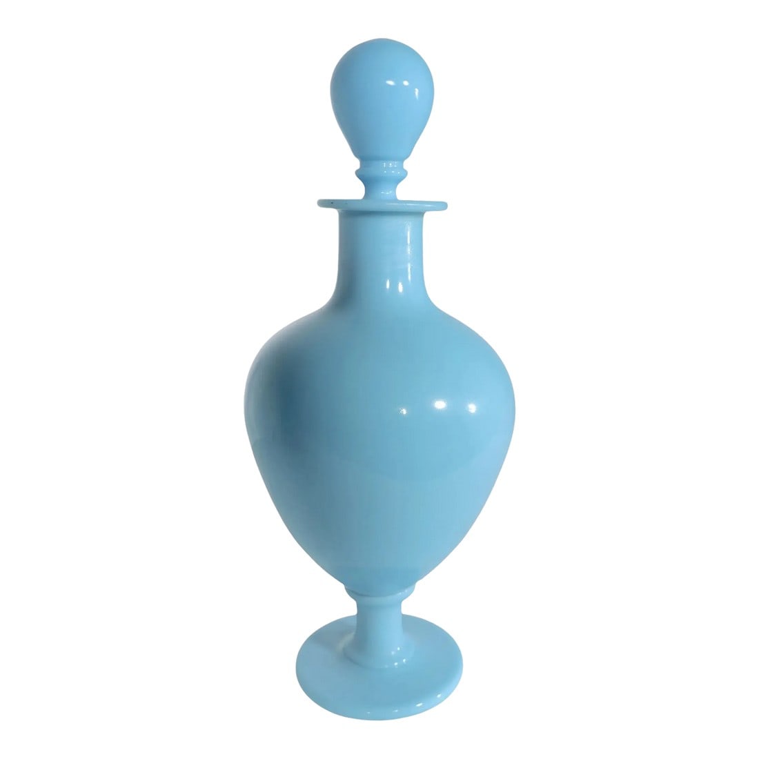 Large French Blue Opaline Stoppered Bottle: Charming French Portieux Vallerysthal stoppered bottle in baby blue colored glass. This example is in very good, original, clean and ready use condition, free and damage or repairs. We believe the