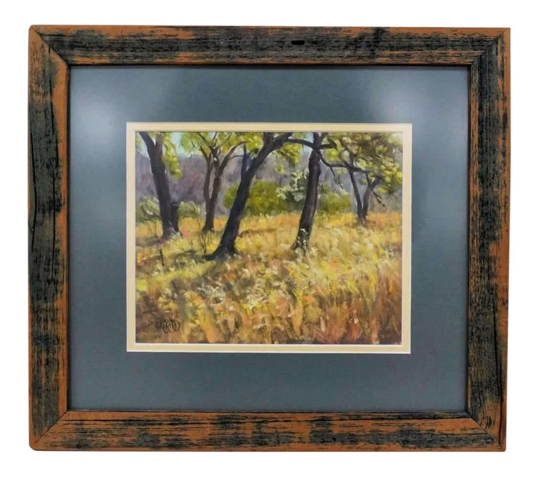 Late 20th Century Brian Grimm Landscape Study Painting: Oil on board landscape study by Brian Grimm (Texas). Signed lower left corner. Displayed in weathered wood frame with double mat, opening 9.5" x 7.5". Condition: Alterations: Original Condition
