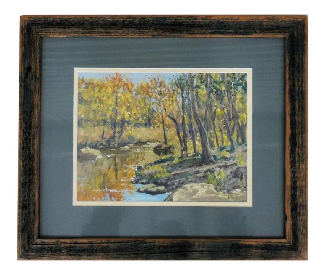 Brian Grimm Riverside Landscape Study Painting: Oil on board autumn riverside landscape study by Brian Grimm (Texas). Signed lower right corner. Displayed in weathered wood frame with double mat, opening 11.5" x 8.5". Condition: Alterations: