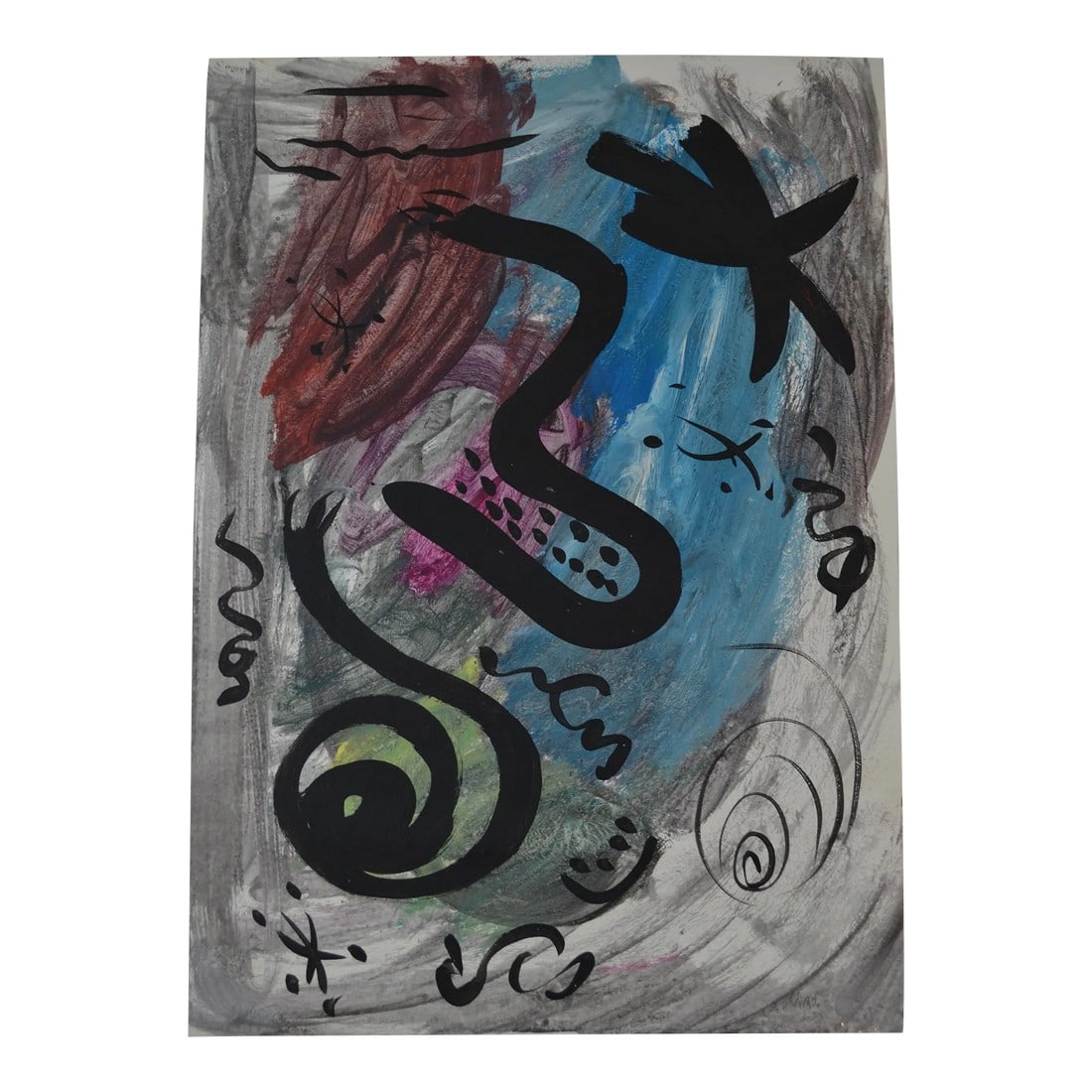 Mid Century Painting by Peter Keil: Abstract modern original painting by German artist Peter Keil. Entitled "Miro" after Joan Miro who he worked with in Spain. Watercolor and oil on paper. Unframed. Signed and dated '67. Size: 17.5"W x