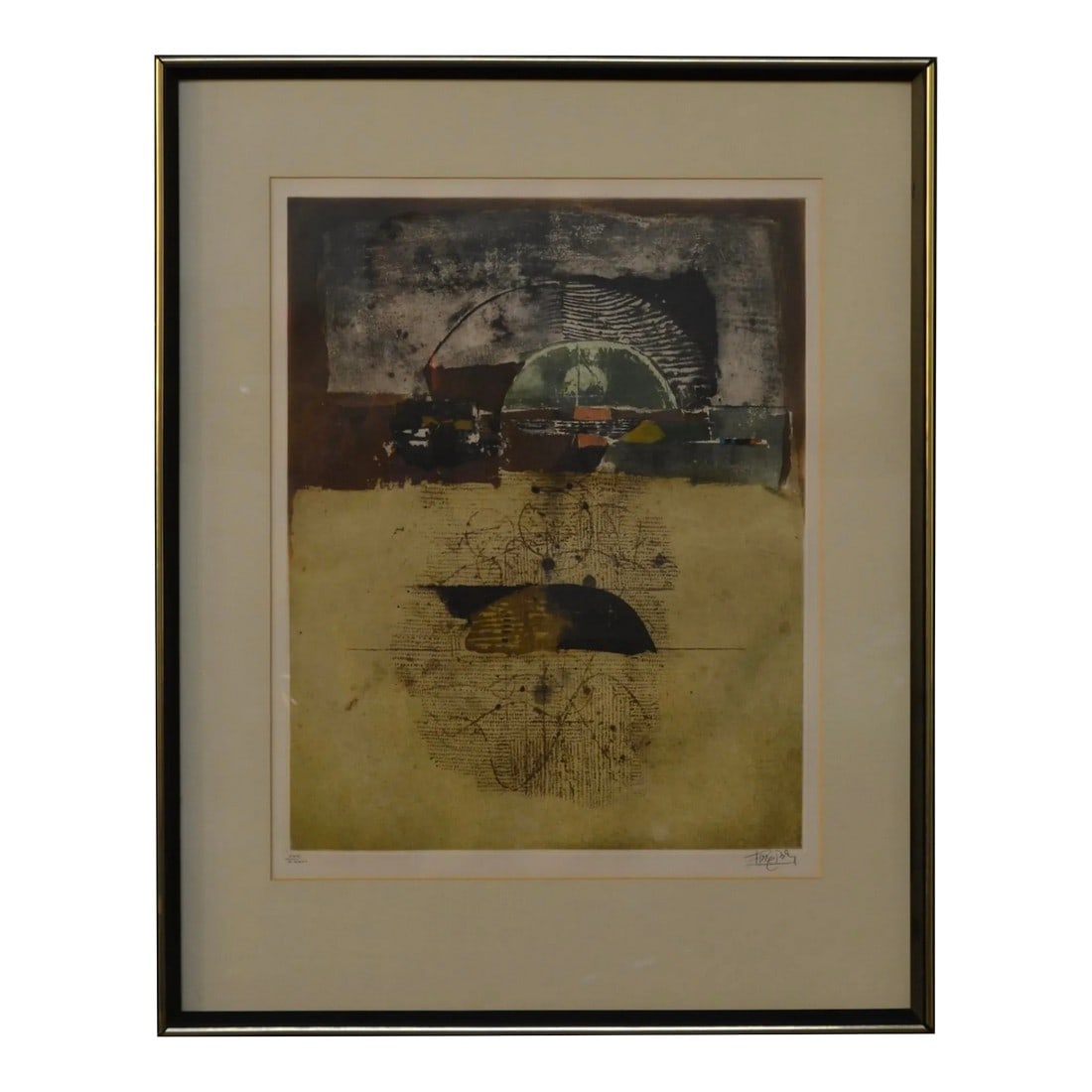 Mid Century Johnny Freidlaender Abstract Etching: Great mid century etching and aquatint by German artist Johnny Freidlaender. Small production lot #30 of 36 with print specifics included. Nicely framed in an antique walnut frame with brass detail. 