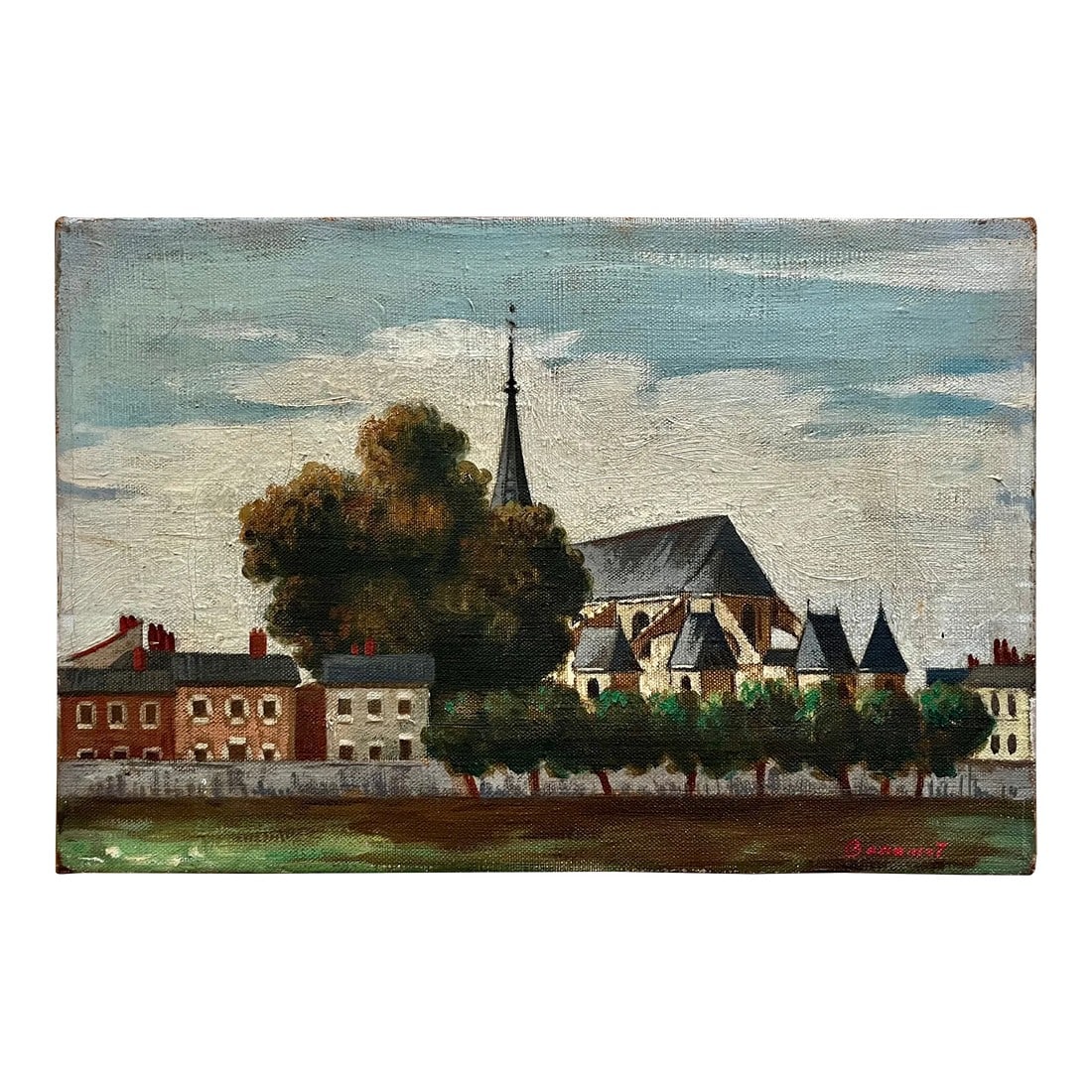 1950's Framed Original Oil Landscape-Nemours, France-Signed: This charming and beautifully painted original framed oil on canvas cityscape/ landscape of a rural French town was done in 1951 by Robert Baranet, (1925-2001), a graduate of The Pennsylvania Academy