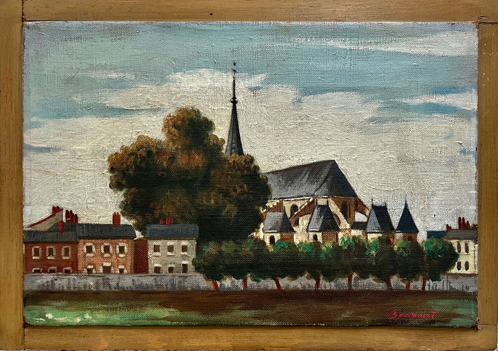 1950's Framed Original Oil Landscape-Nemours, France-Signed - 2