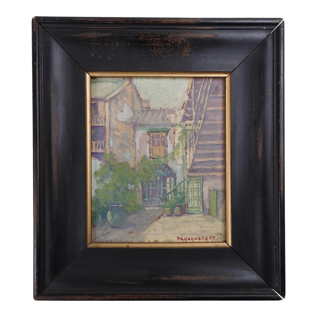 Small Early 20th Century Peter Lanz Hohnstedt Cityscape Painting: Small vintage early 20th century oil on artist board cityscape painting by Peter Lanz Hohnstedt (1872-1957) Texas. Signed lower right corner. Displayed in dark wood period frame, opening size 4" x