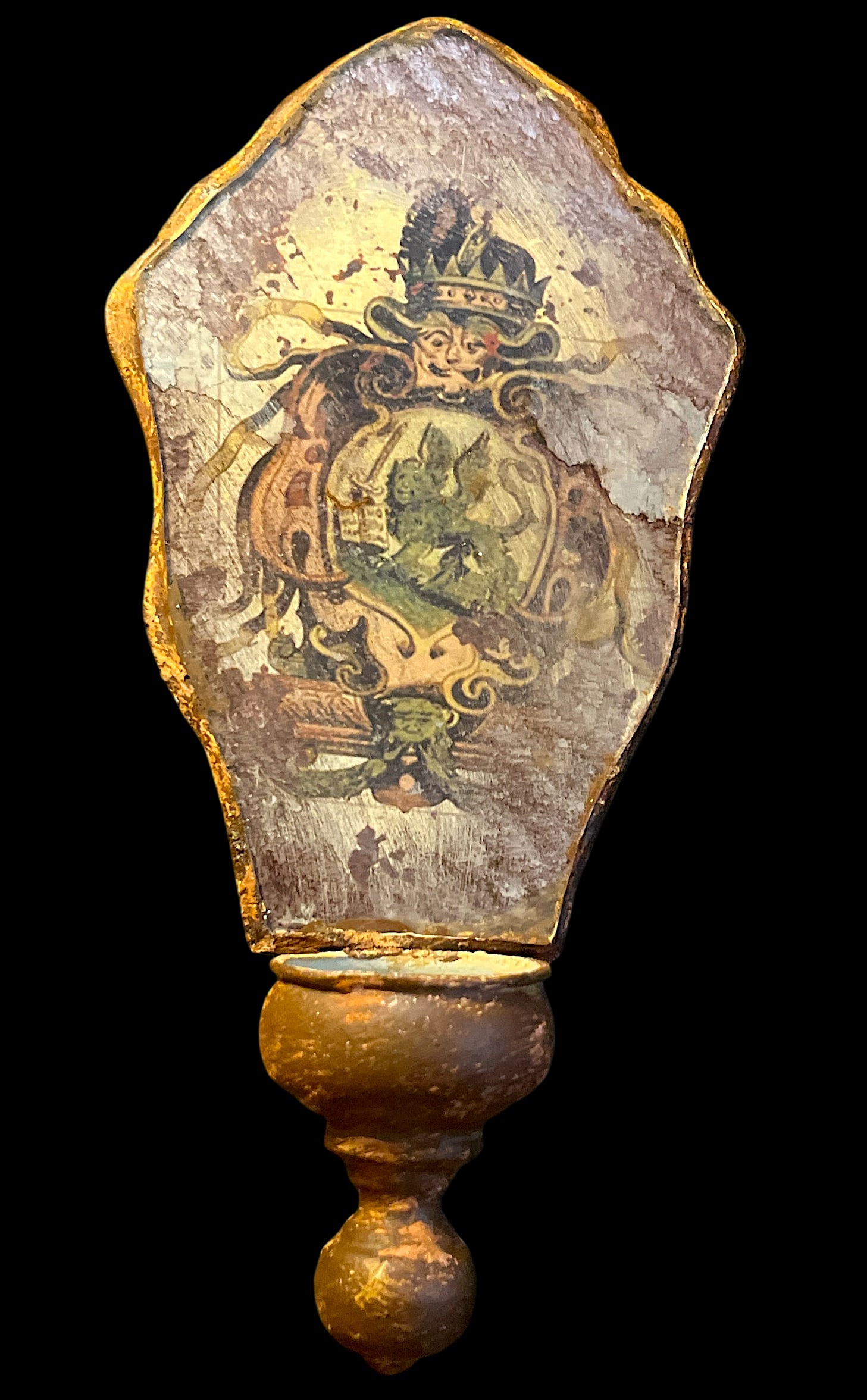 1950s Hand Painted Venetian Rustic European Coat of Arms Mirrored Shield Wall Bracket Candle Sconces - 3