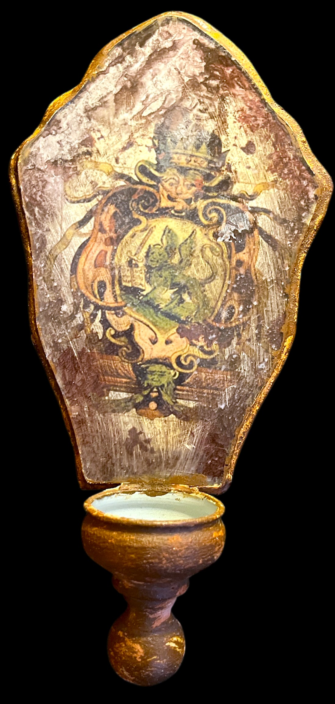 1950s Hand Painted Venetian Rustic European Coat of Arms Mirrored Shield Wall Bracket Candle Sconces - 4