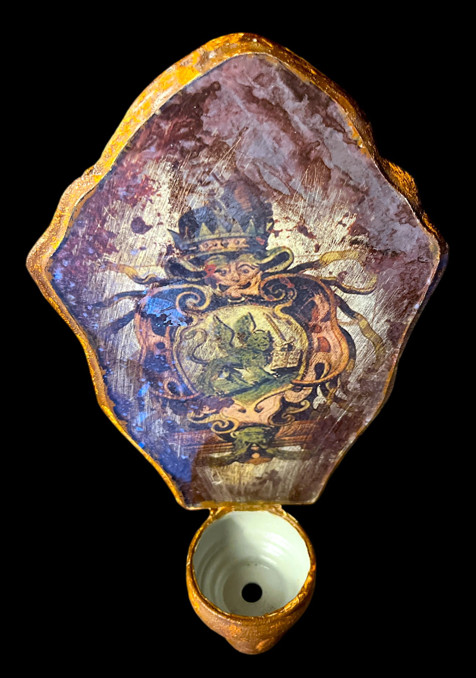 1950s Hand Painted Venetian Rustic European Coat of Arms Mirrored Shield Wall Bracket Candle Sconces - 5