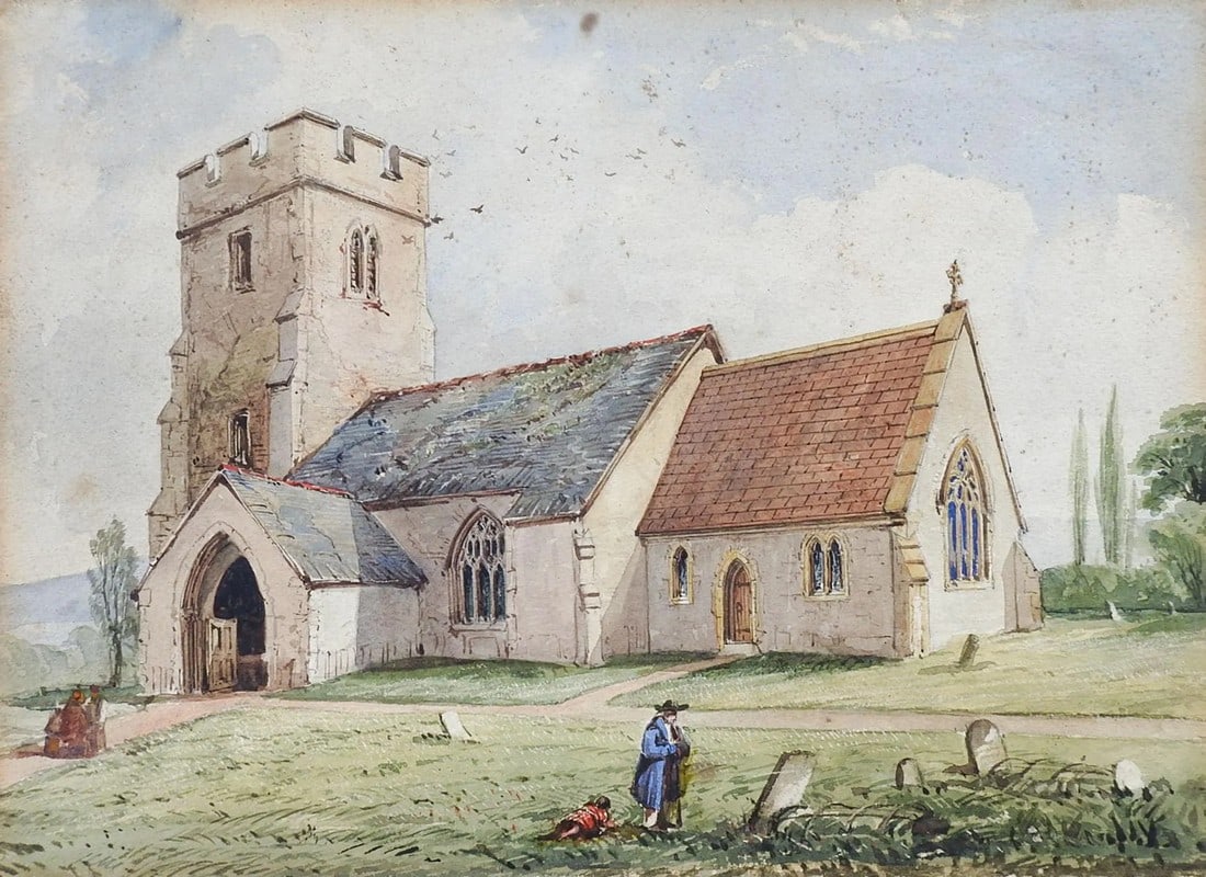 19th Century Clatworthy Church Watercolor Painting: Circa mid 19th Century watercolor on paper. Clatworthy Church of St Mary Magdalene, Somerset England. Shows graveyard with iron mortsafe cages over graves. Unsigned. Unframed, age toning with some