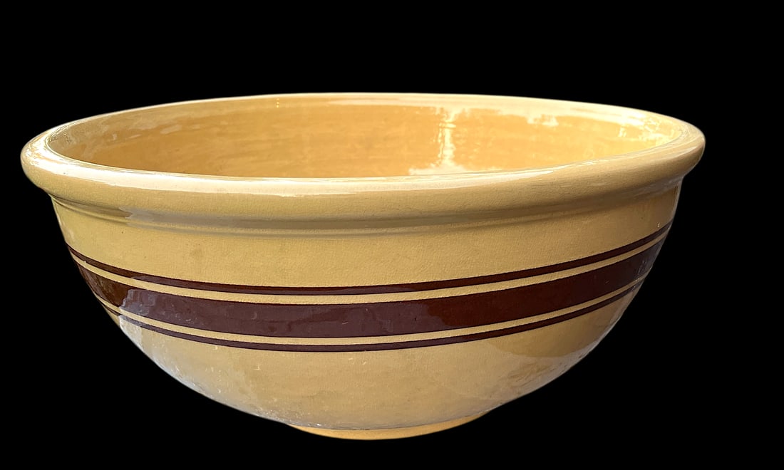 Largest Antique Weller Pottery #16 Yellow Ware Striped Farmhouse Bowl - 2