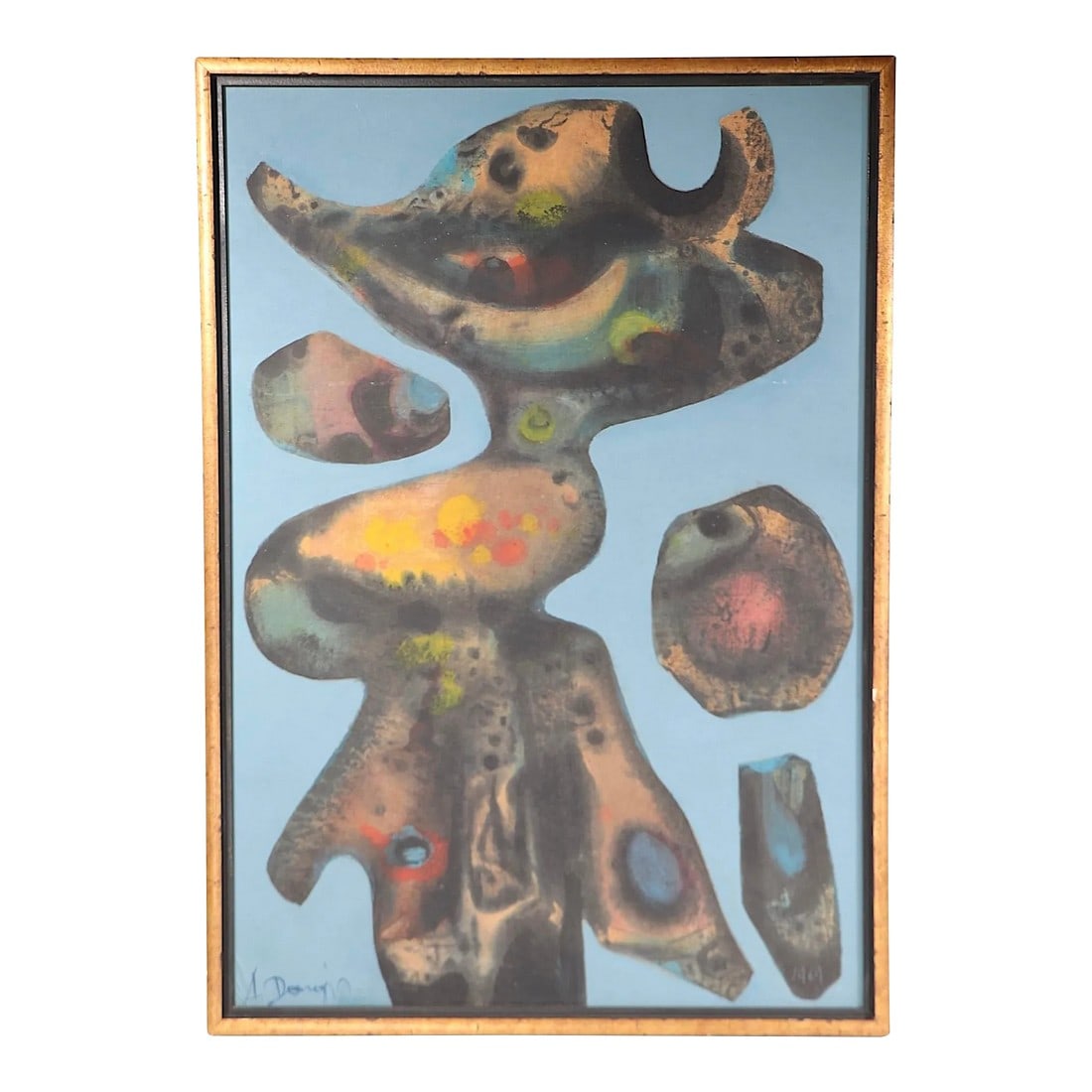 Abstract Oil Painting on Board Signed Dargis C. 1969: Exceptional example from noted abstract painter Alfonsas Dargis, signed and dated (1969). The painting features poly chrome organic forms on a dusky blue background, in original gilt frame. Alfonsas D