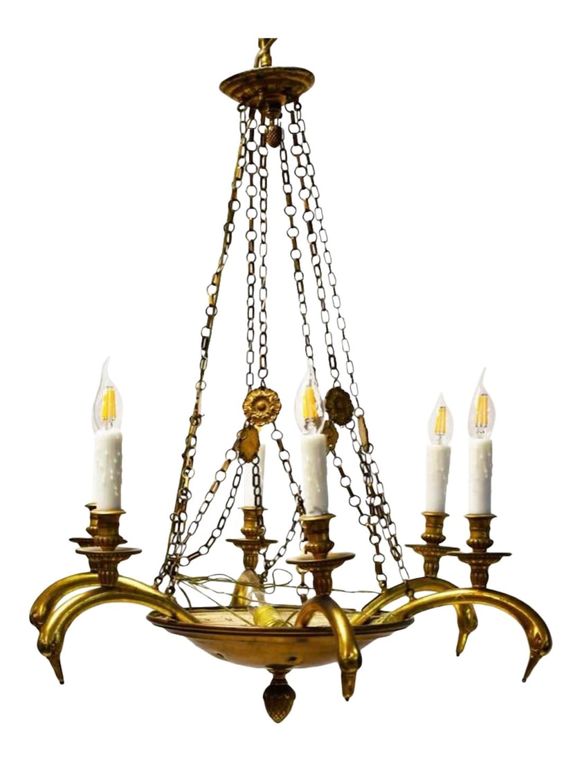 Mid 20th Century Art Nouveau Brass Swan Chandelier: Absolutely stunning brass Chapman chandelier with swan head arms support candle form lights. Art nouveau, classic, Hollywood regency. Excellent vintage condition. Condition: Alterations: Original Cond